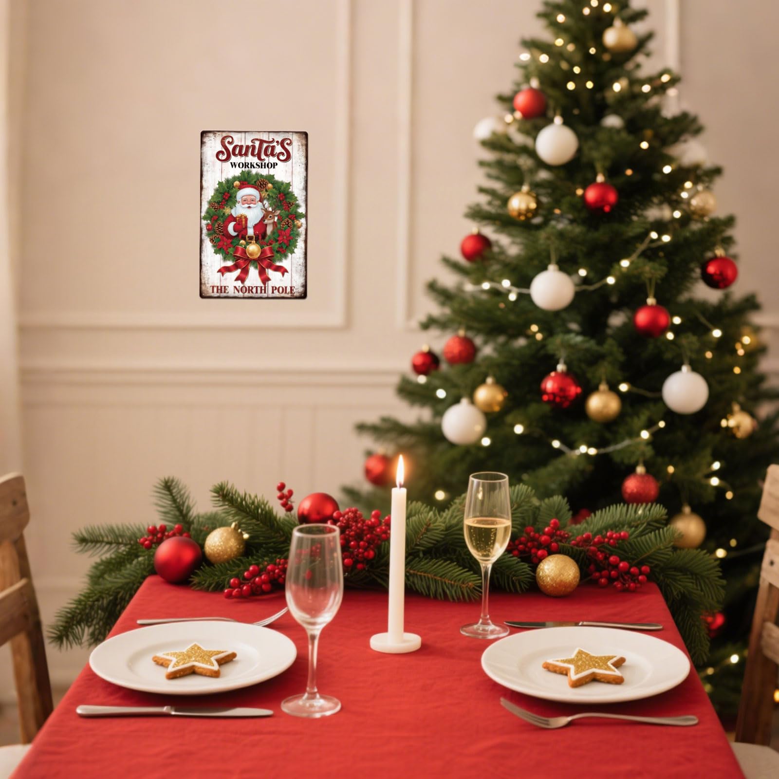 GLOBLELAND Christmas Santa Claus Wreath Metal Tin Sign 8x12in Santa's Workshop Tin Sign Wall Poster Plaque for Living Room Chris