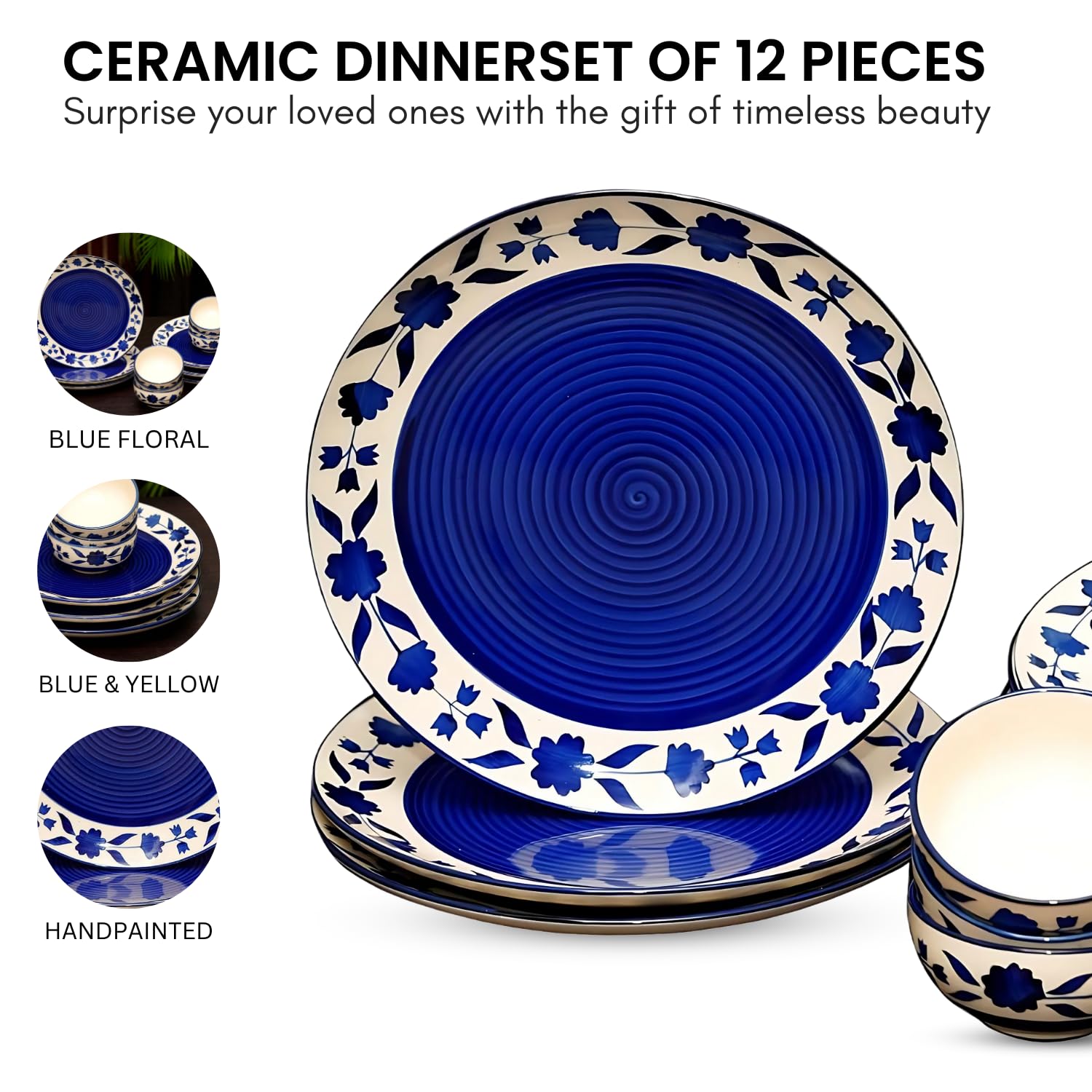 Yourowndcor Handcrafted Ceramic Blue Floral 12 Pieces Dinner Set - 6 Full Plate 10 inch, 6 Serving Bowls 4 inch| Microwave Safe,