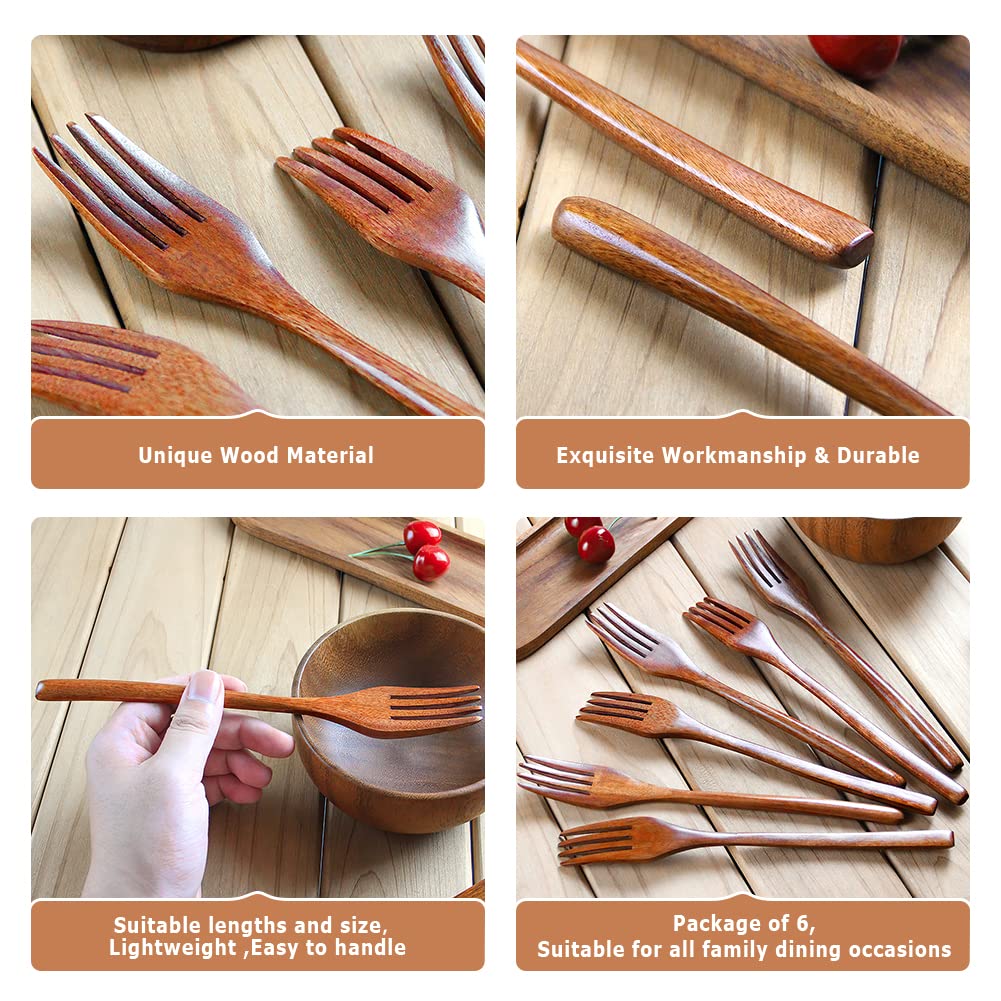 Forks,Wooden Forks, Aoosy 6 Pieces Eco-Friendly Japanese Wood Salad Dinner Forks Wooden Forks Set Reusable Handmade Natural Wood