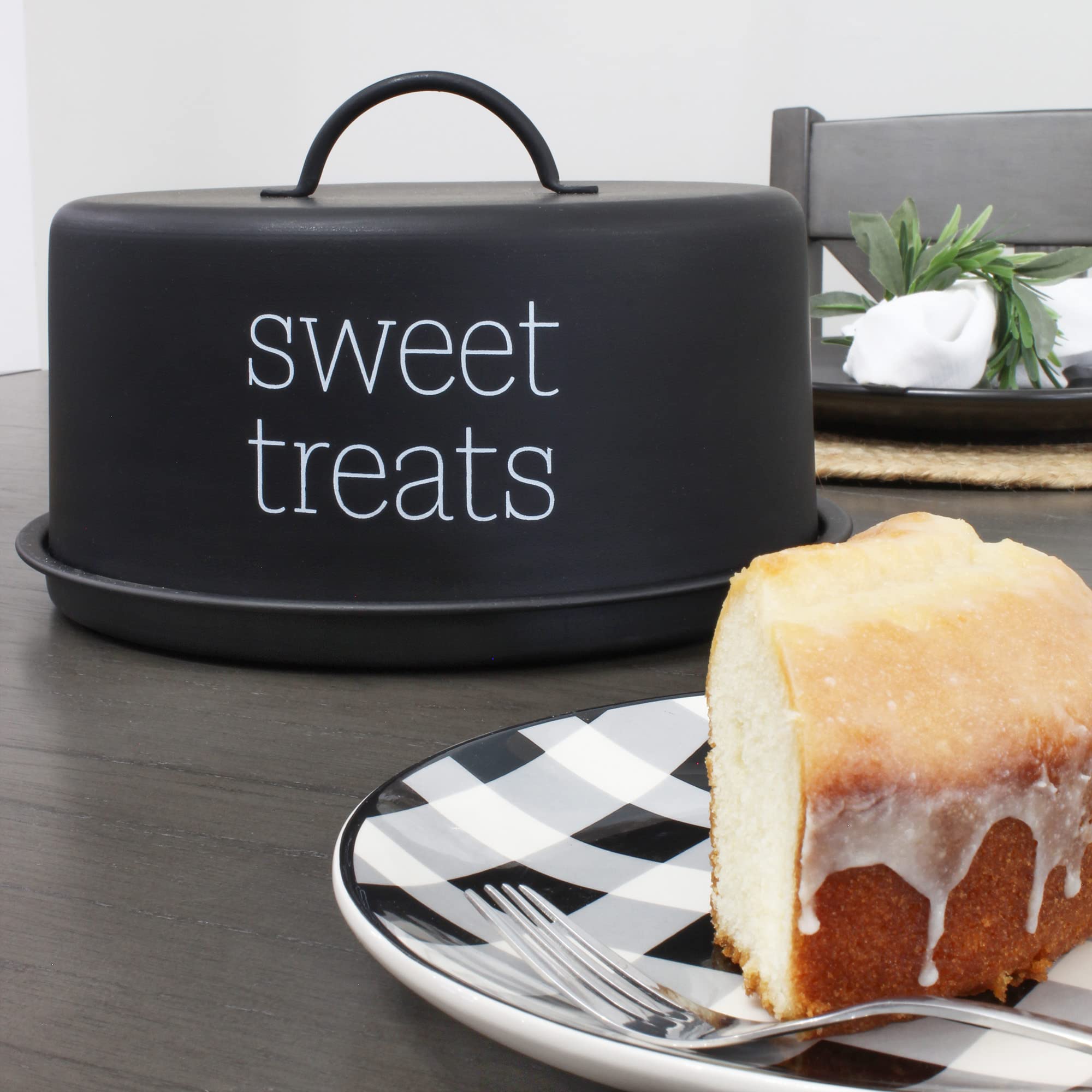Auldhome Enamelware Black Cake Cover; Contemporary Style Dessert Plate With Domed Lid