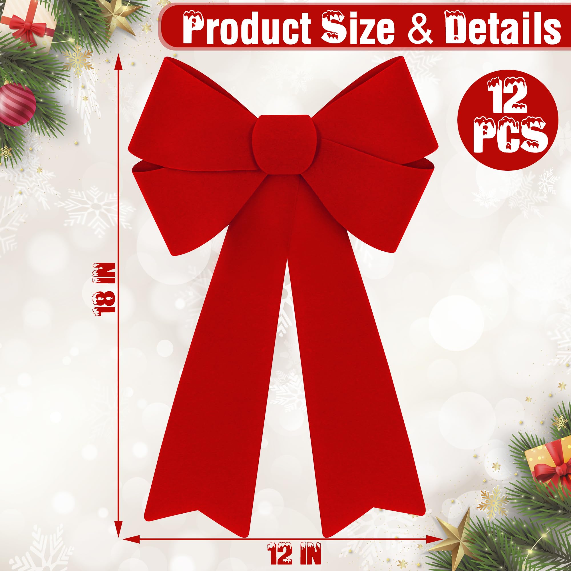 12 PCS Christmas Decorations, 12 x 18 Inches Large Christmas Bows, Red Velvet PVC Indoor Outdoor Christmas Tree Bows Wreath Bow