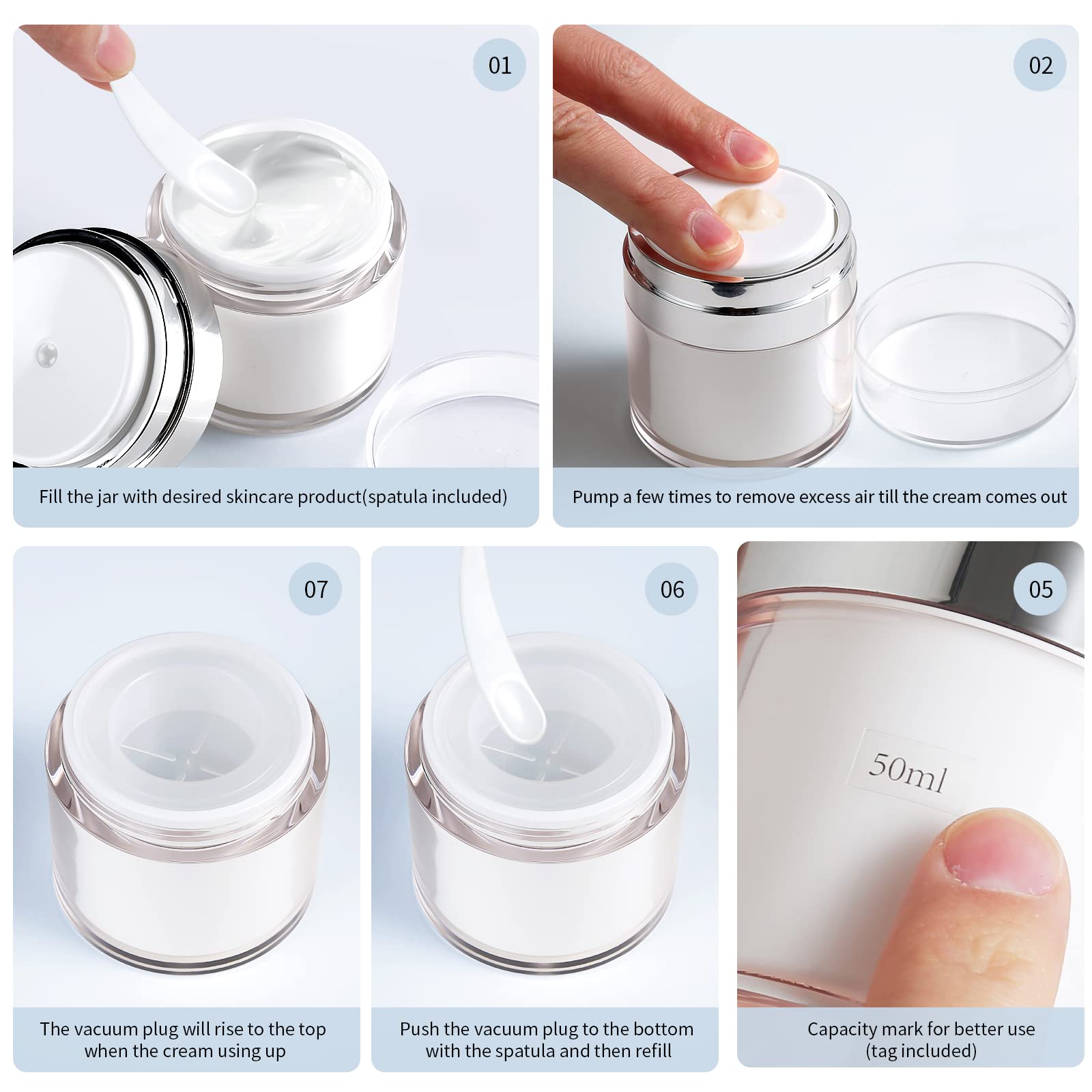 Yocasii 1.7Oz Airless Pump Jar, Refillable Cream Jar Vacuum Bottle Dispenser, Pump Moisturizer Container With Spatula, Moisturiz