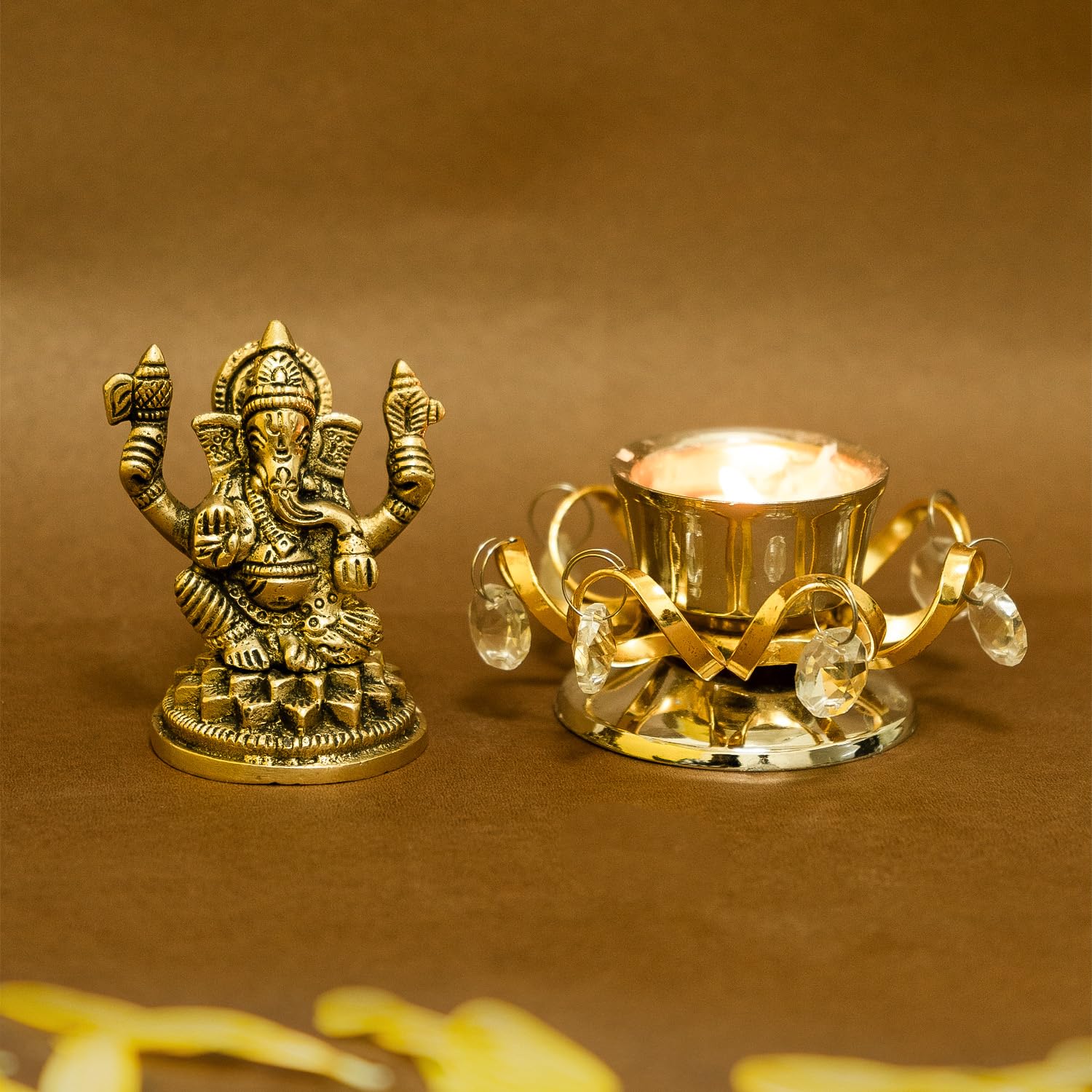 Ekhasa 100% Pure Brass Ganesha Idol & Tealight Candle Holder (Size: 8.4 Cm) | Pital Ganesh Murti For Pooja Room, Home Decor, Off