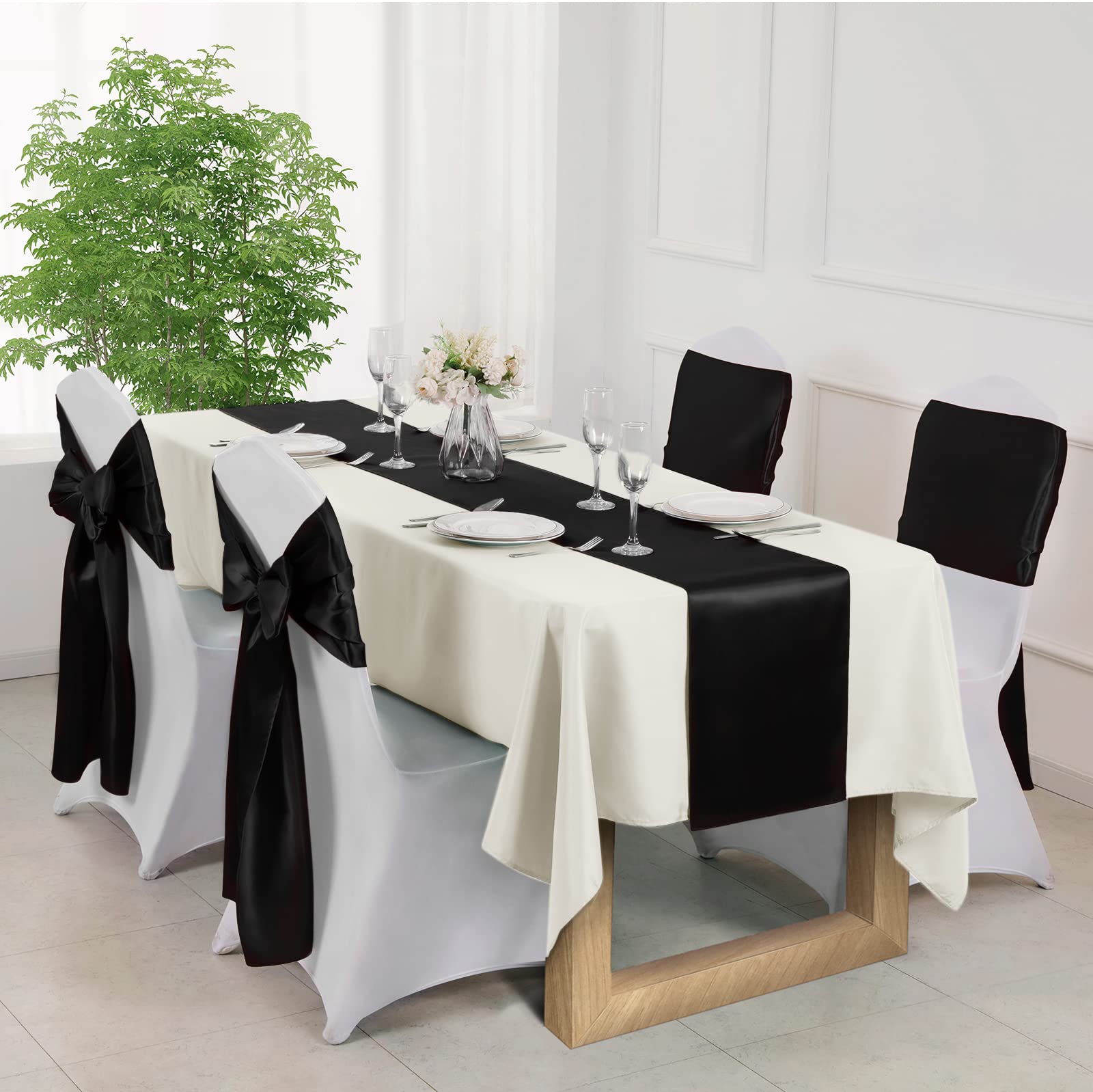 Manyshofu 4Pcs Satin Black Table Runner - 12 x 108 Inch Long Size  Party Table Runner Decor Bright & Smooth Wedding Decorations Table Runner for Banquet Chef Birthday Buffet Dinner Graduations