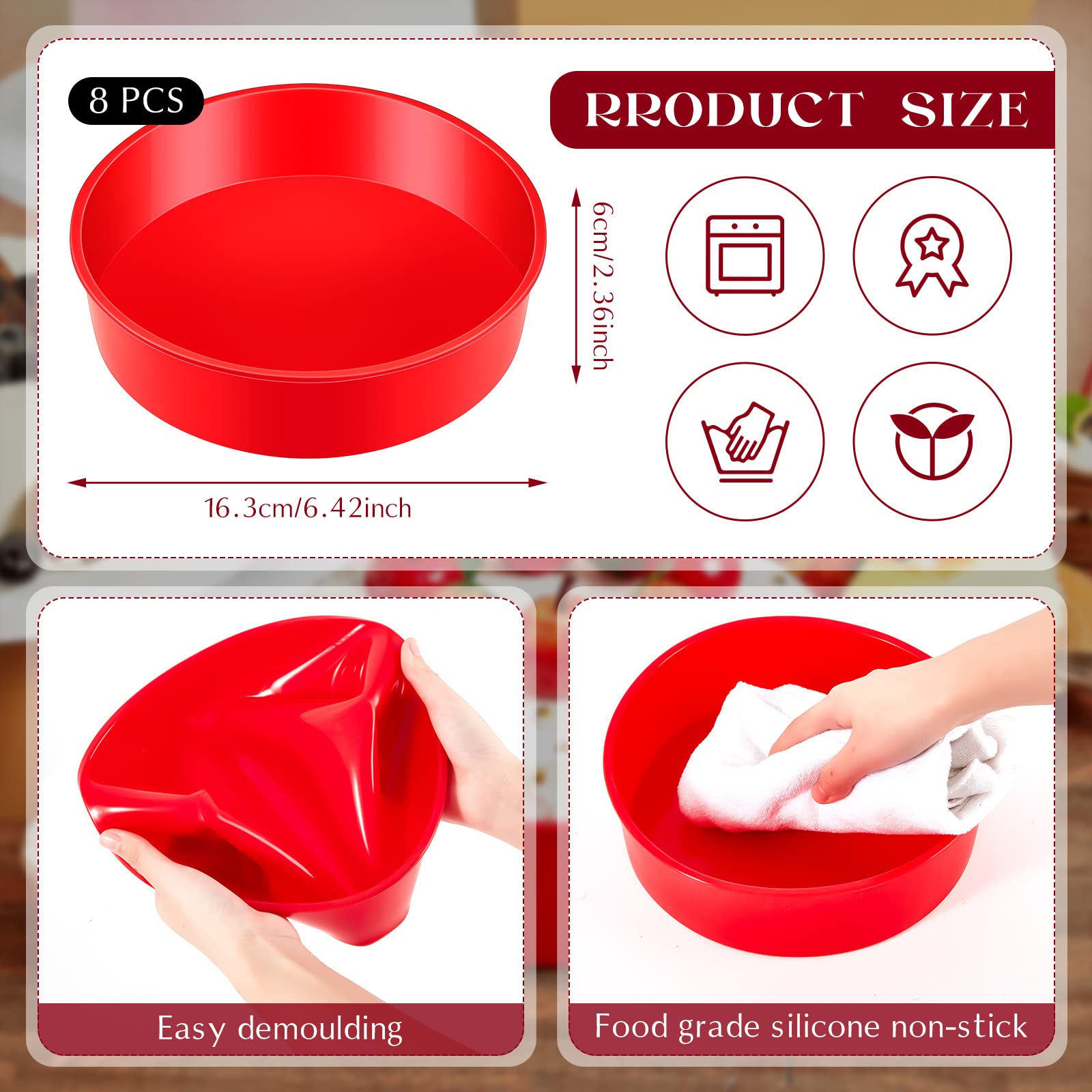 Dandat 8 Pcs 6 Inch Round Silicone Cake Pans, Nonstick Silicone Cake Molds For Baking, Silicone Round Cake Molds Red Cake Molds