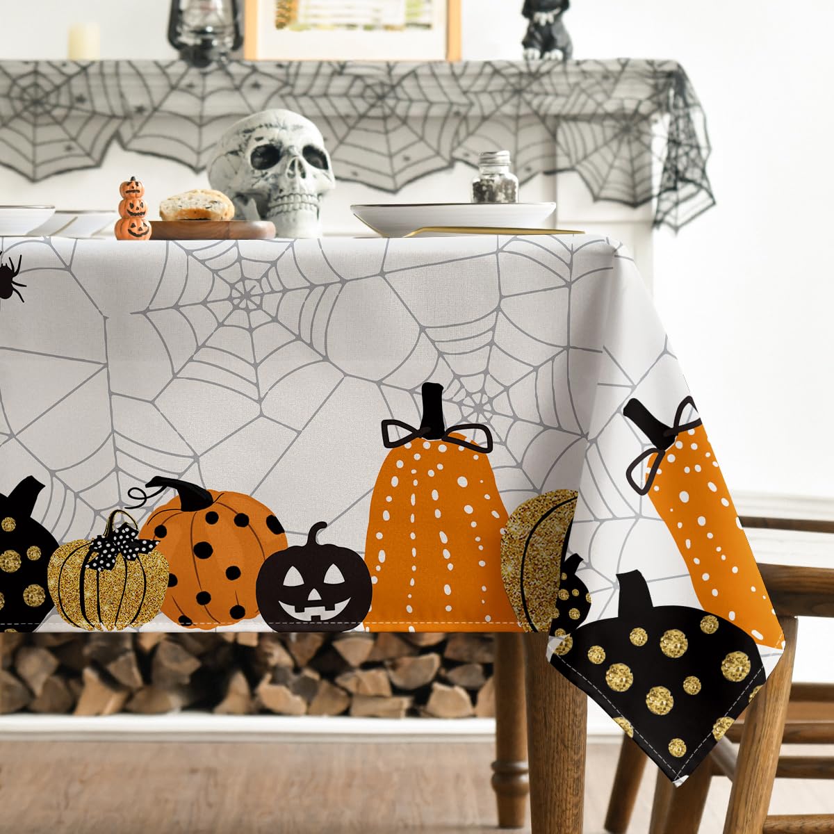 Horaldaily Halloween Tablecloth 60X120 Inch Rectangular, Jack-O-Lantern Pumpkin Cobweb Scary Themed Washable Table Cover For Par
