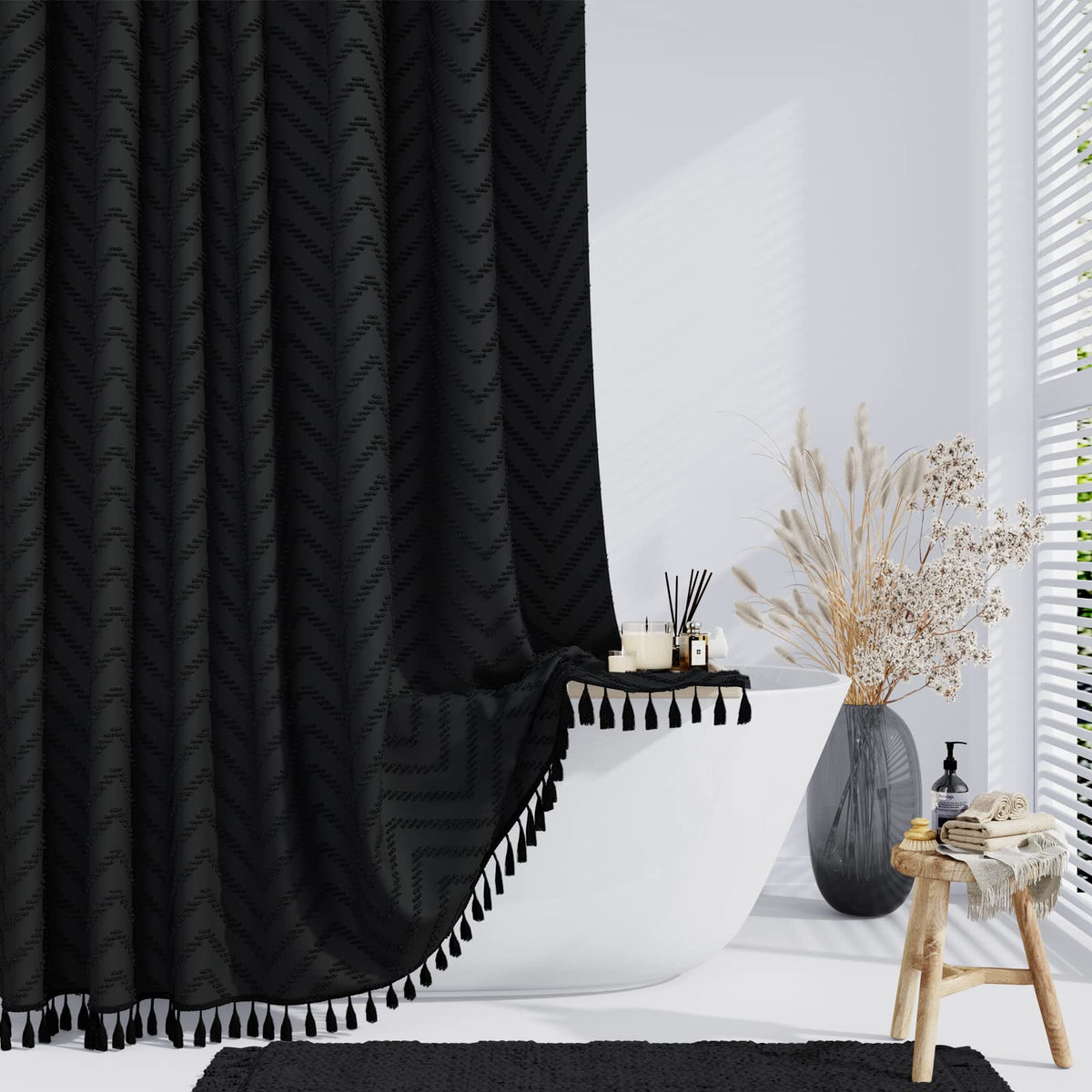 Dynamene Extra Long Shower Curtains, 84 Inches Long Boho Tufted Chevron Striped Fabric Shower Curtains For Bathroom, Tall Minima