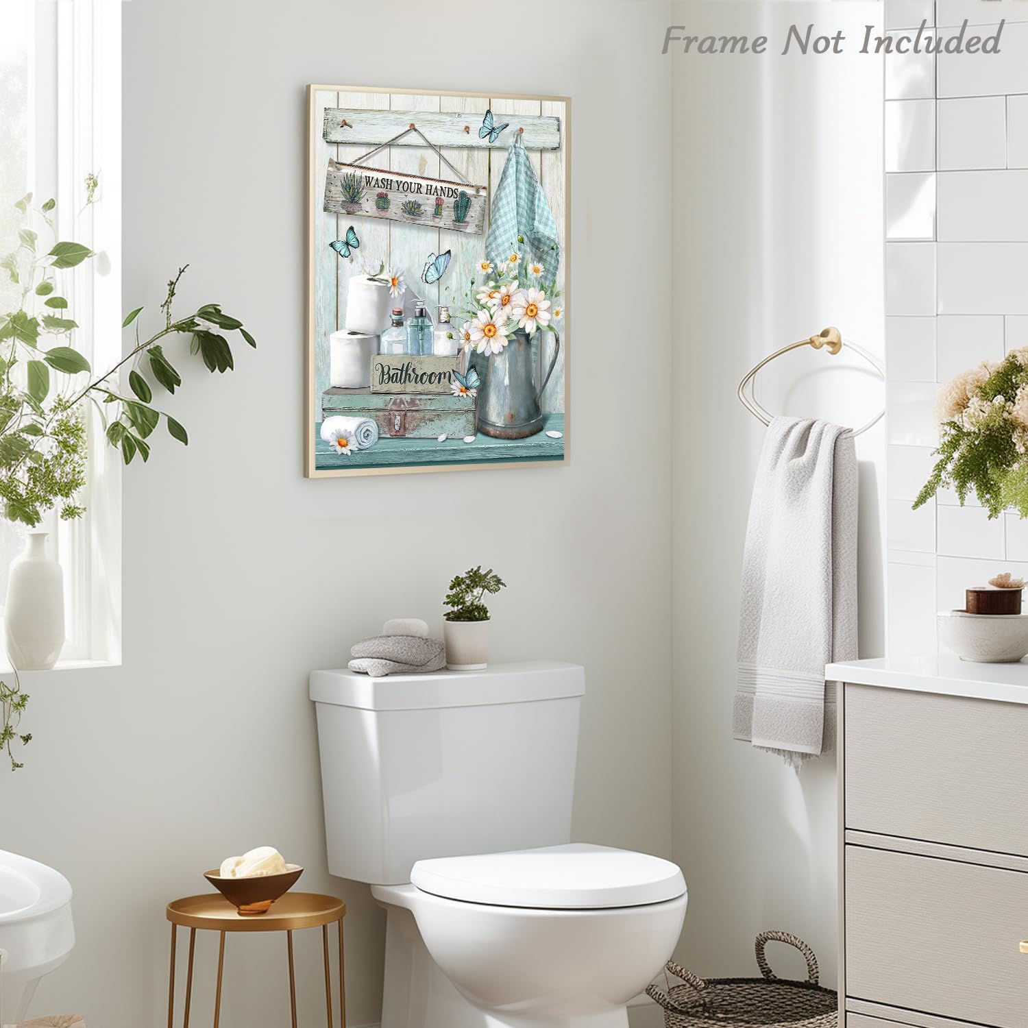 Dazzlewall Farmhouse Bathroom Decor Wall Art Rustic Teal Flower And Butterfly Pictures Wash Your Hands Sign Artwork For Bathroom