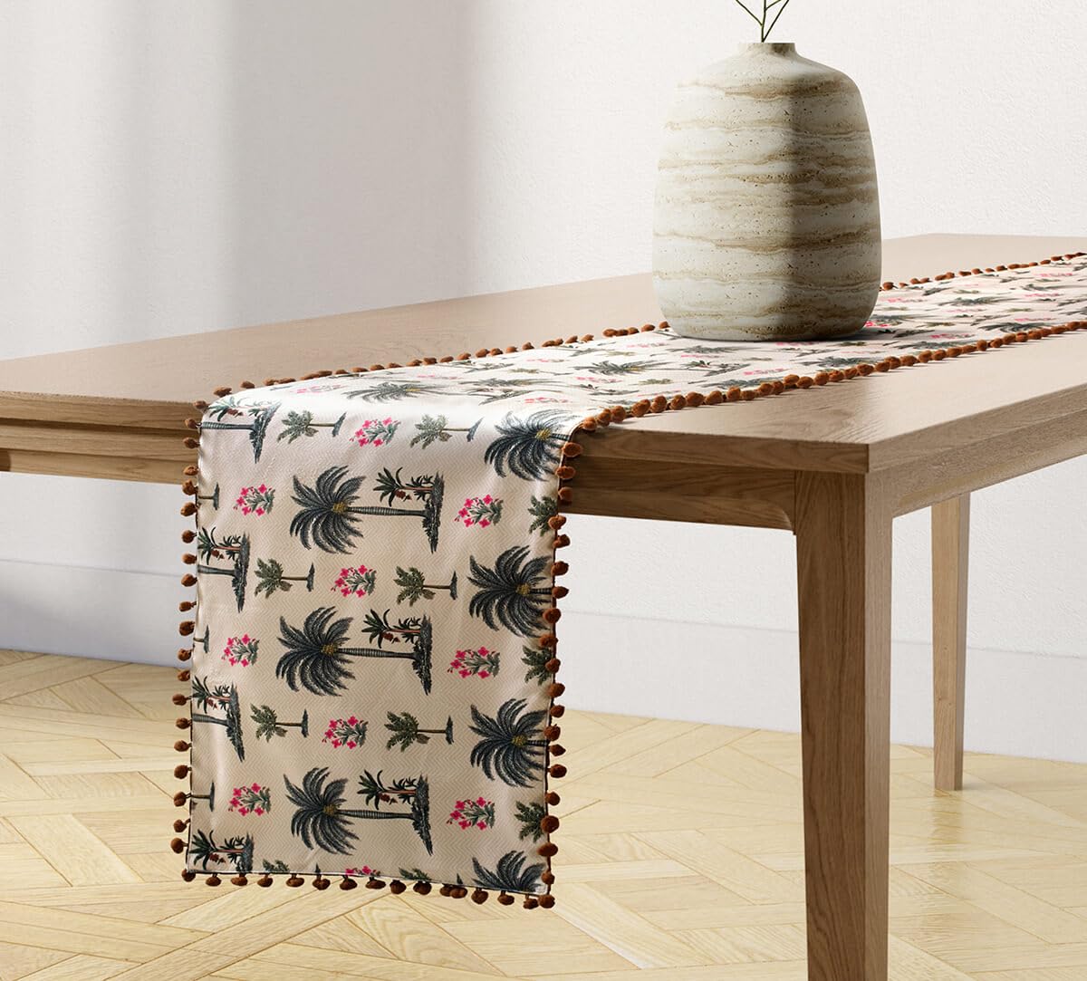 India Circus by Krsnaa Mehta Chevron Palms Printed Micro Velvet 4 Seater Table and Bed Runner (94 x 14 inches)