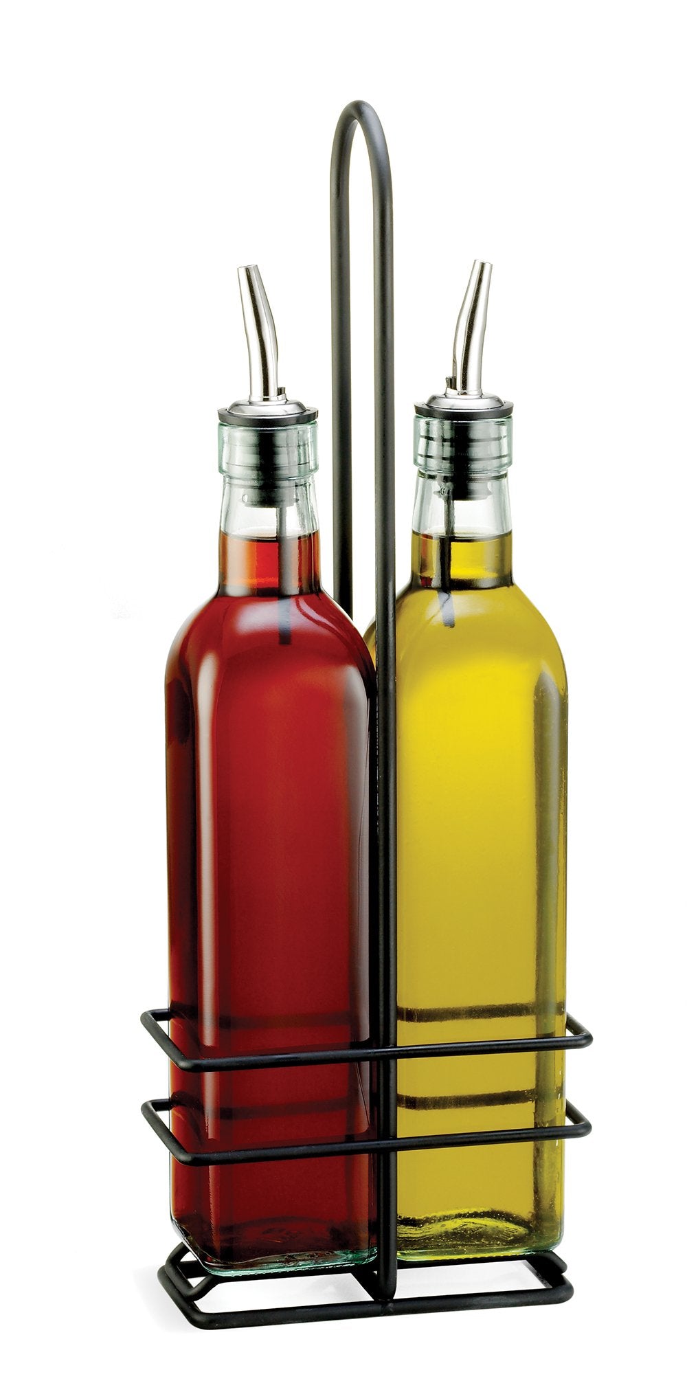 Tablecraft Oil Vinegar Set And Stainless Steel Pourers With Black Chrome Plated Rack, 16 Oz, Clear