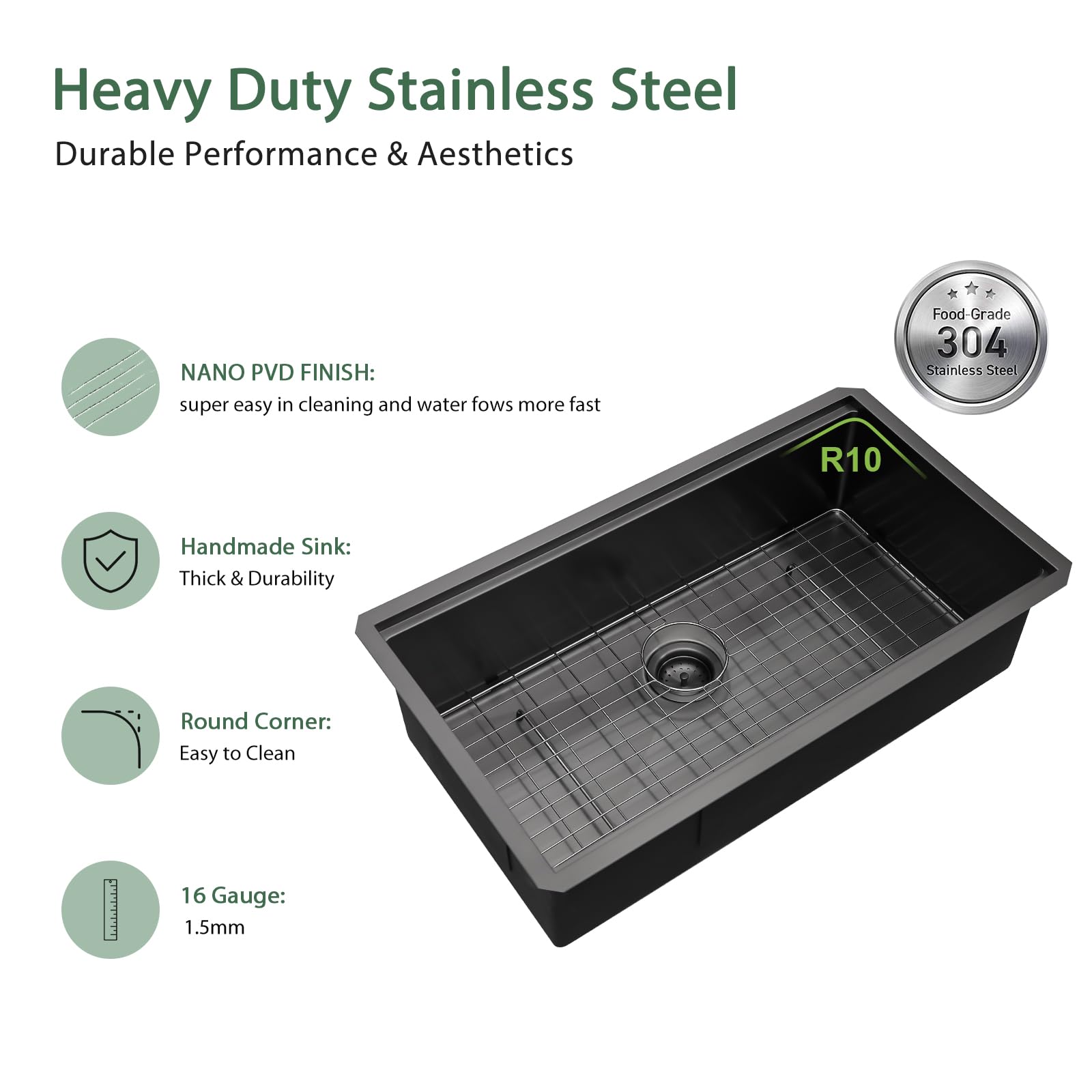 Couoko 33 X 19 Inch Black Undermount Kitchen Sink Workstation Single Bowl Gunmetal Black Stainless Steel Sink 16 Gauge Handmade