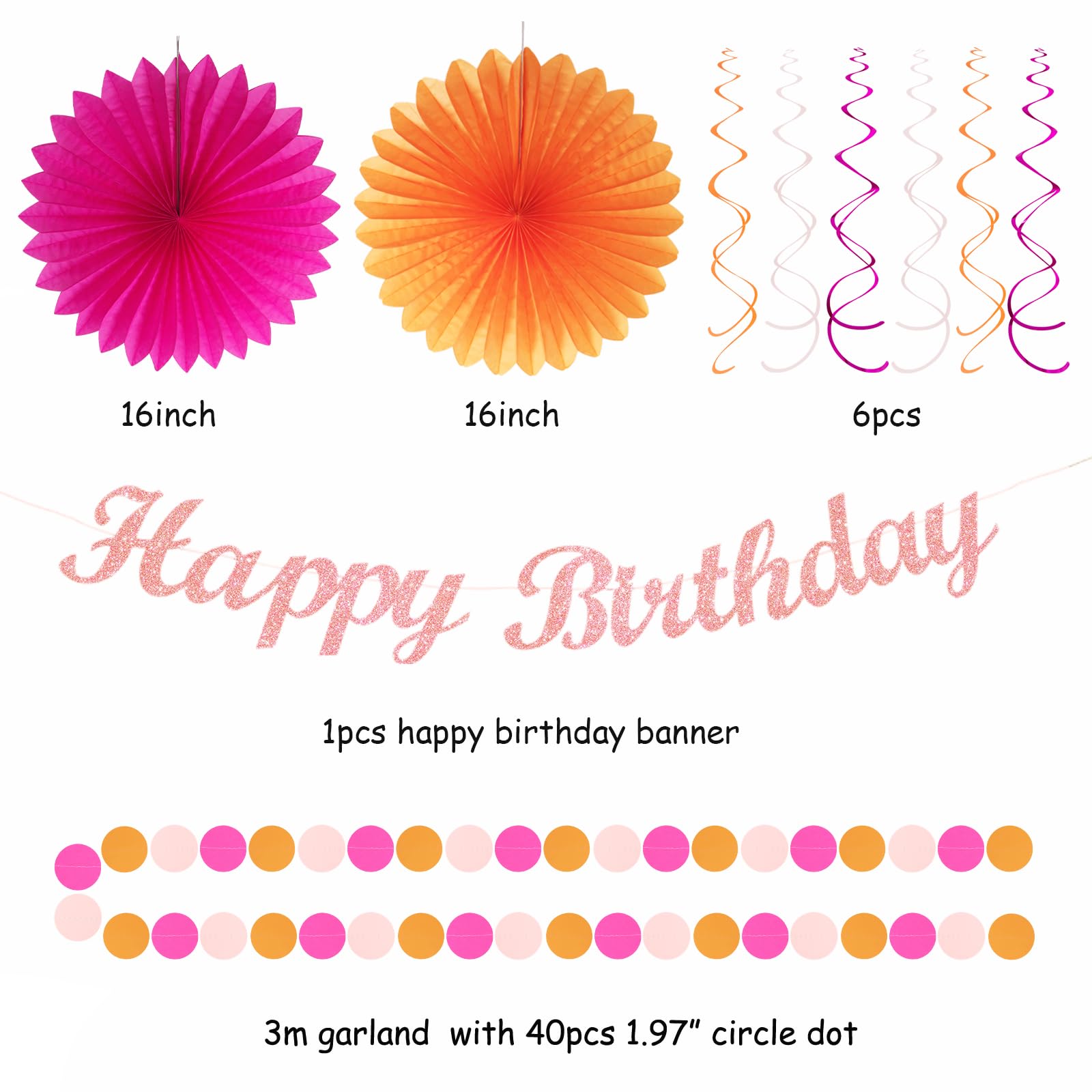 Hot-Pink Orange Fall Birthday Party-Decorations - 21Pcs Autumn Women Peach Happy Banner,Girls Groovy Paper Streamers Lanterns Ho
