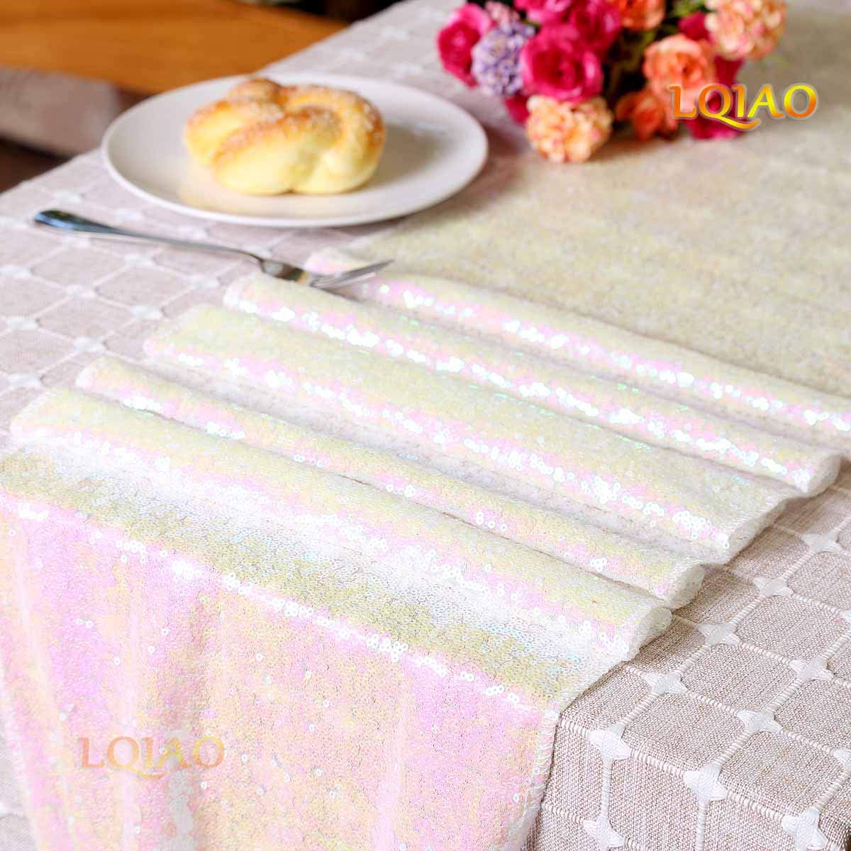 Lqiao 108 Inches Sequin Table Runner Linens Long With Iridescent White Sparkly Sequin Christmas Kitchen Dining Table Wedding Bri