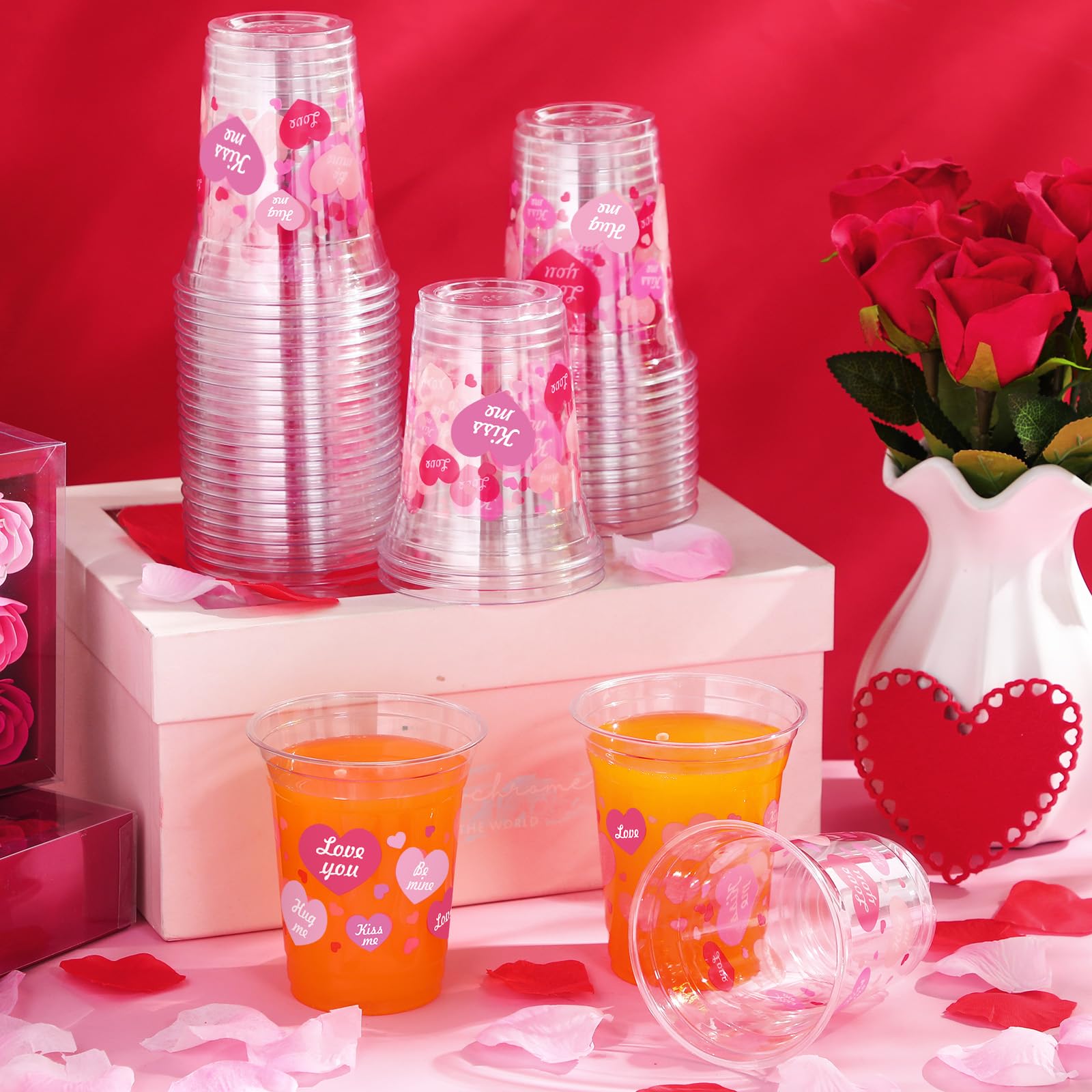 Foldtier 50 Pcs Valentine'S Day Heart Plastic Cups Bulk 12 Oz Valentines Conversation Clear Disposable Cup Love Heart For Juice