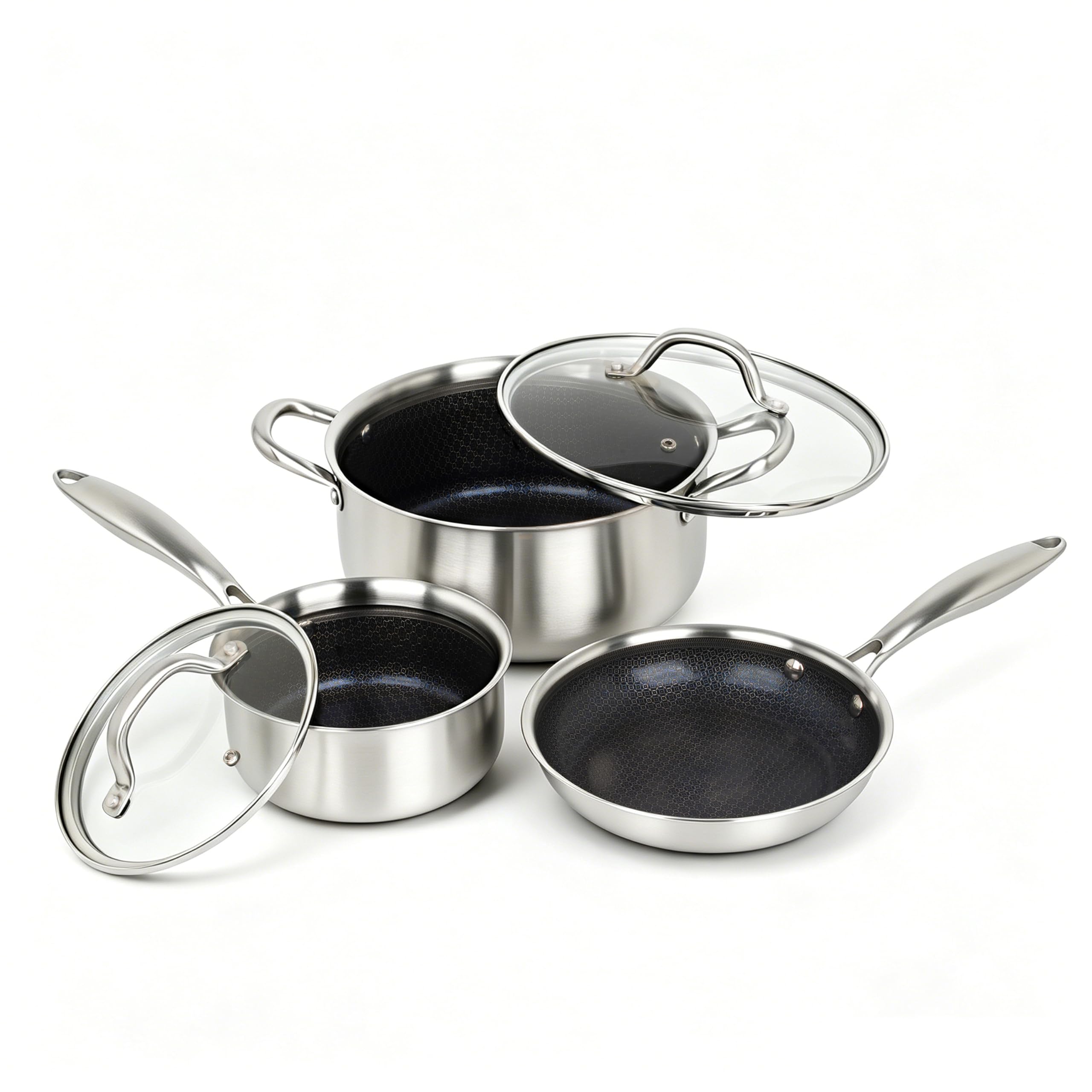 BRASA,5PCS,Stainless Steel Pots and Pans Set Non stick,1.5QT+7.87in+5QT,Ceramic Stainless Steel Cookware Set with lids,Nontoxic