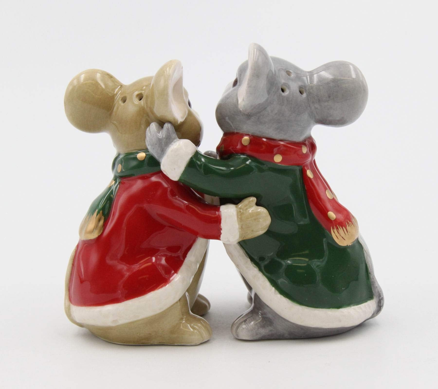 Fine Ceramic Christmas Holidays Mouse Couple Hugging Salt & Pepper Shakers Set, 3-3/8'' H