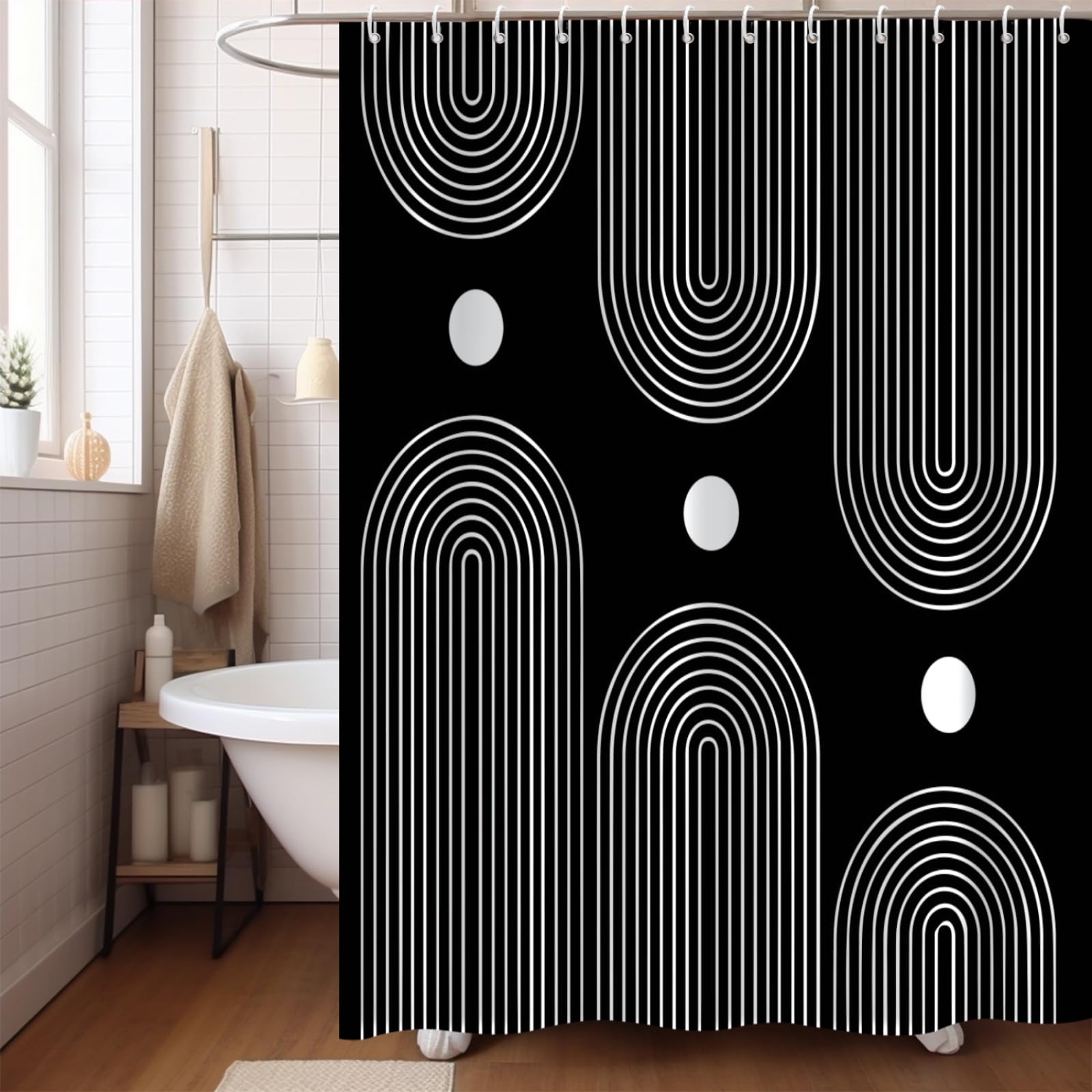 GKLEASG Black and White Shower Curtain  Boho Minimalist Mid Century Modern Arch Geometric Machine Washable Waterproof Fabric for Bathroom Bathtub Decor with Hooks 60Wx72H