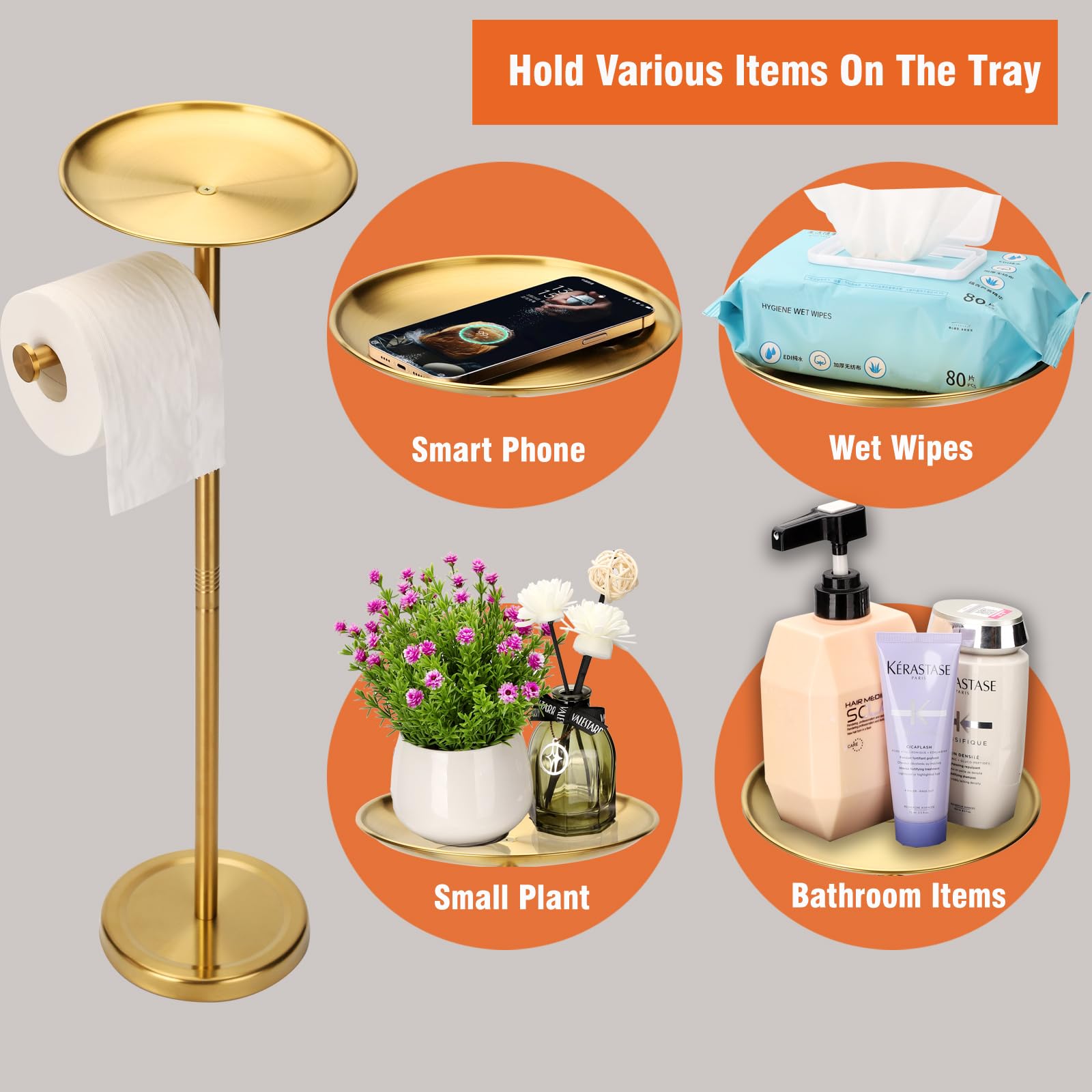 Tofix Toilet Paper Holder With Shelf, Gold Toilet Paper Holder With Tray At The Top, Freestanding Toilet Paper Holder (Stainless