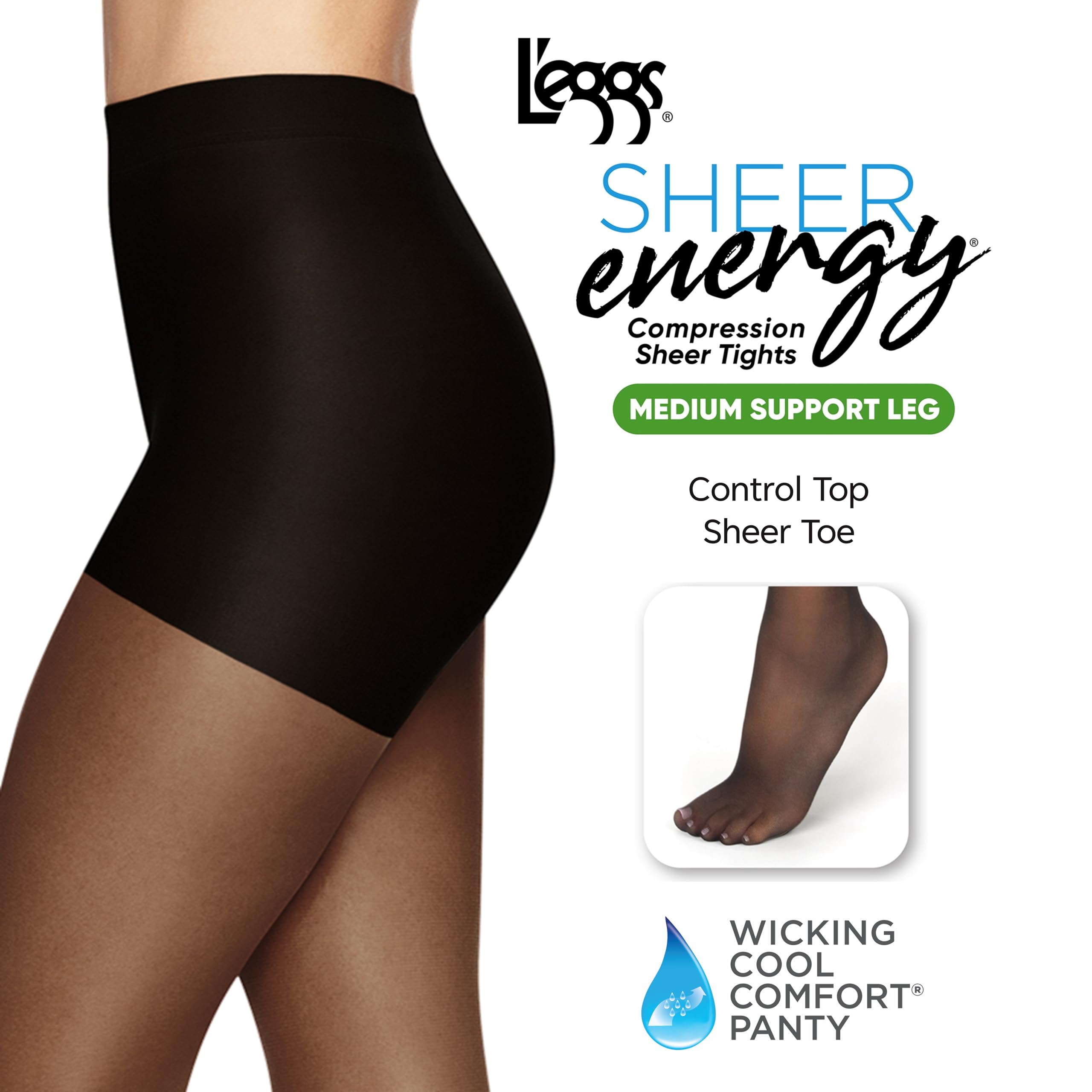 Leggs Womens Sheer Energy With Wicking Cool Comfort Control Top Q65412 3 Pairs Tights, Off Black, A Us