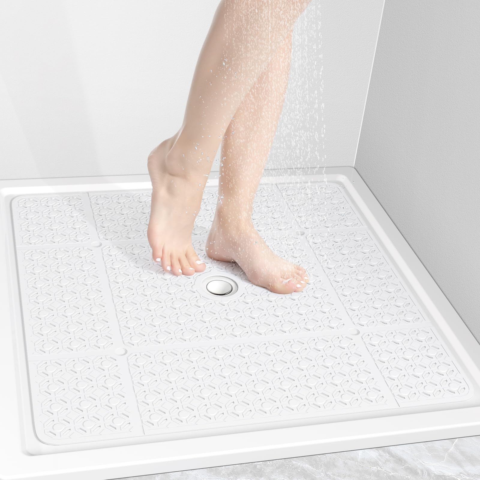 Othway Square Shower Mat, 27''X 27'' Extra Large Shower Mats For Inside Shower, Tpe Non Slip Shower Mat With Suction Cups Drain