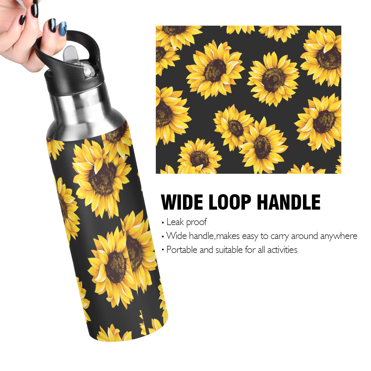 Alaza Sunflower Water Bottle With Straw Lid Kids Vacuum Insulated Stainless Steel Bpa Free Water Flask Thermo Mug Sport, 20 Oz H