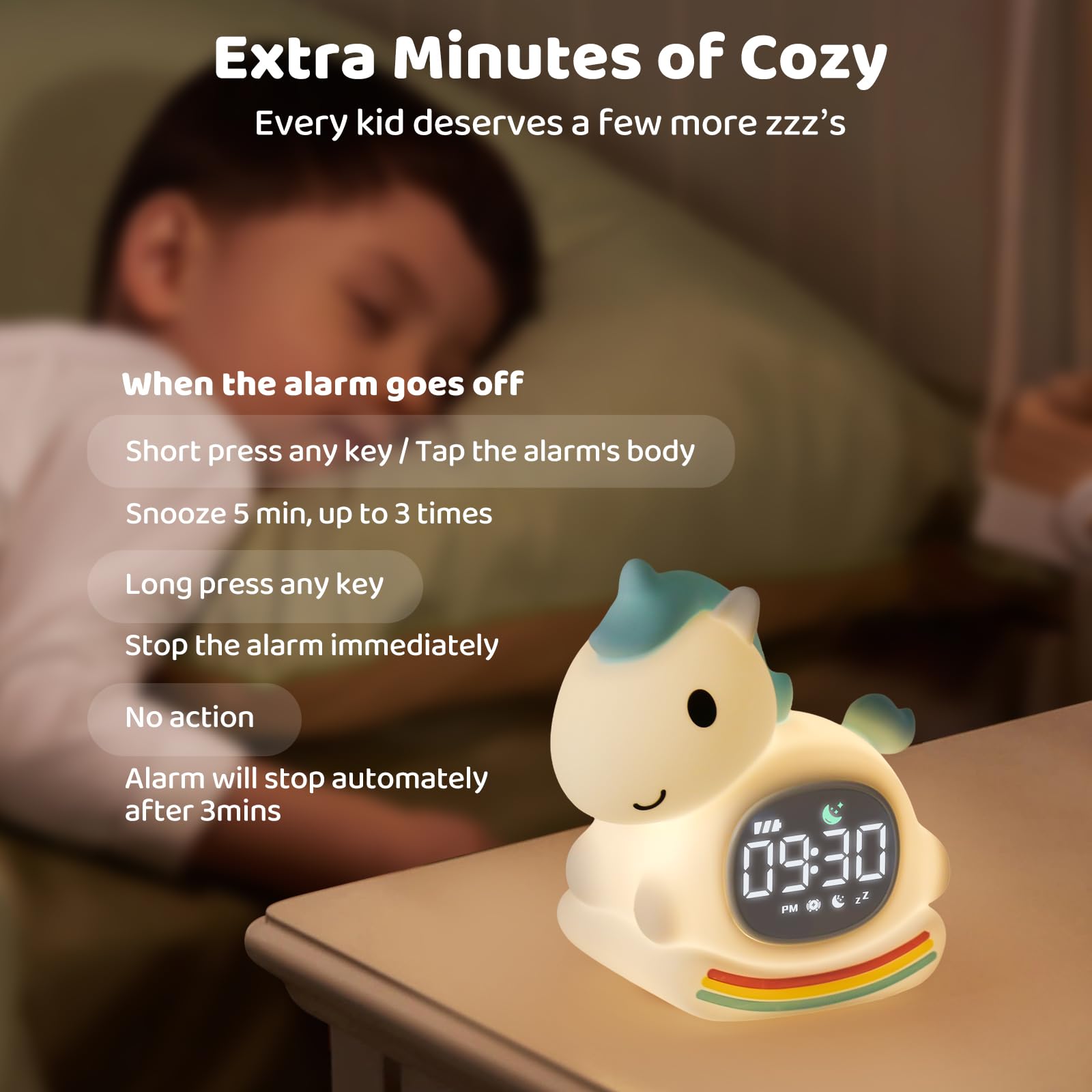 Aokpsrt Alarm Clock with Night Light & Sound Machine, Rechargeable Blue Pony Lamp for Kids, Sleep Training Companion