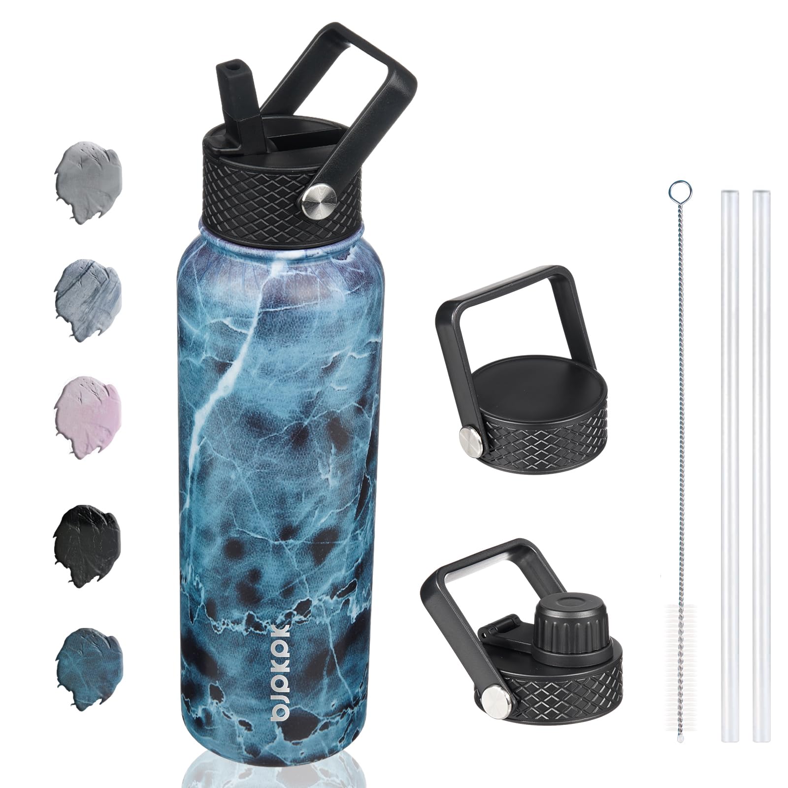 Bjpkpk Insulated Water Bottles With Straw Lid, 40Oz Stainless Steel Water Bottles With 3 Lids, Large Metal Water Bottle, Bpa Fre