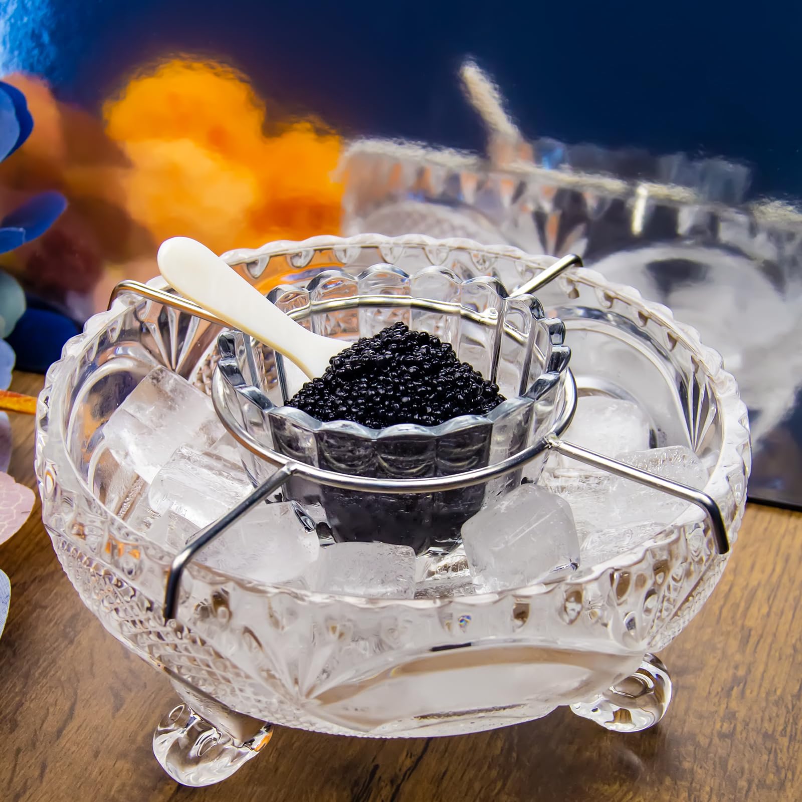Duebel Caviar Serving Set, 1 Glass Divided Serving Bowl Set Plus 2 Pcs. X Mother Of Pearl Caviar Spoon -Caviar Dish Serving Set,