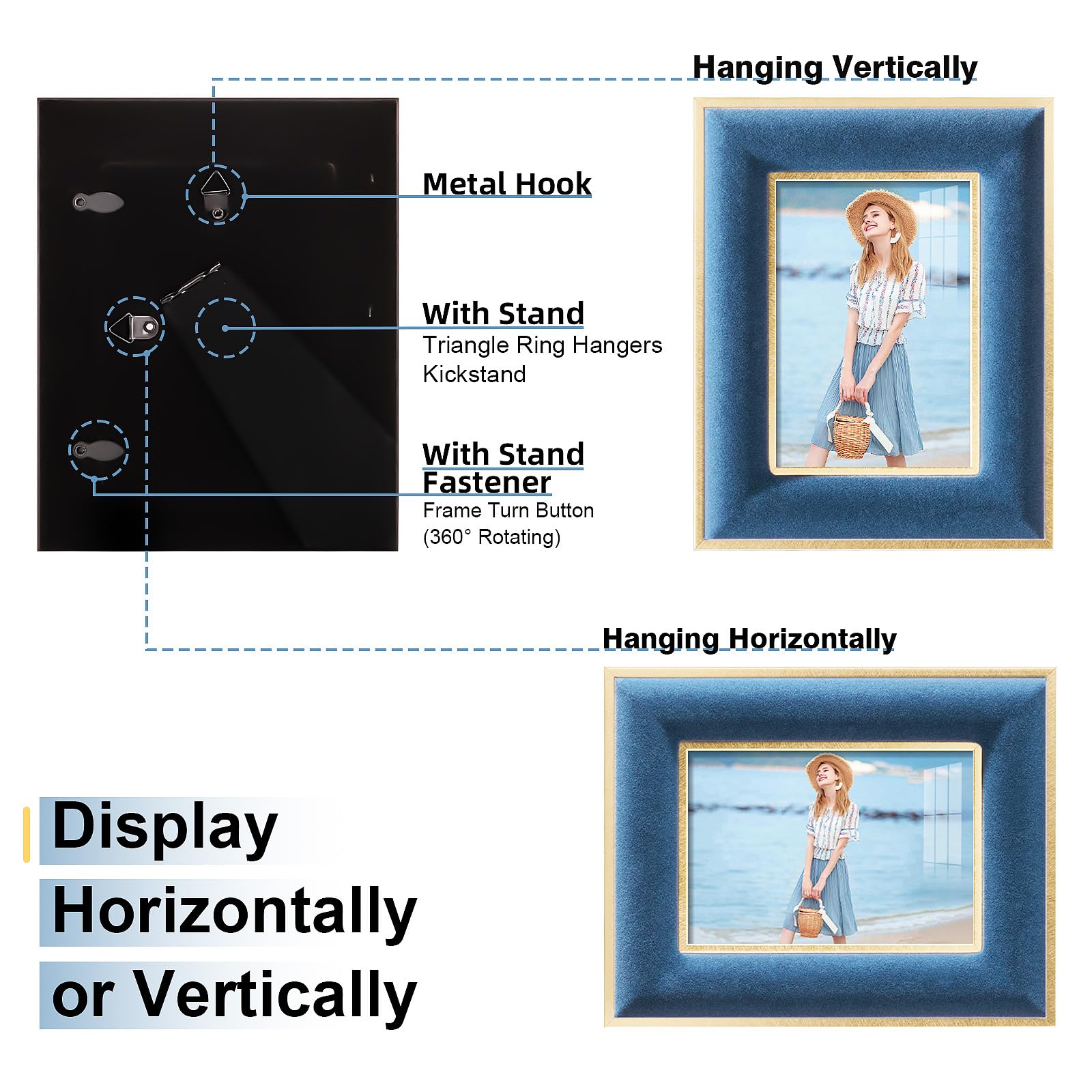 KSROECUD 3.5x5 Velvet Picture Frame, Navy Blue Photo Frames with Modern Simple Metallic Gold Border, HD Real Glass Horizontal &