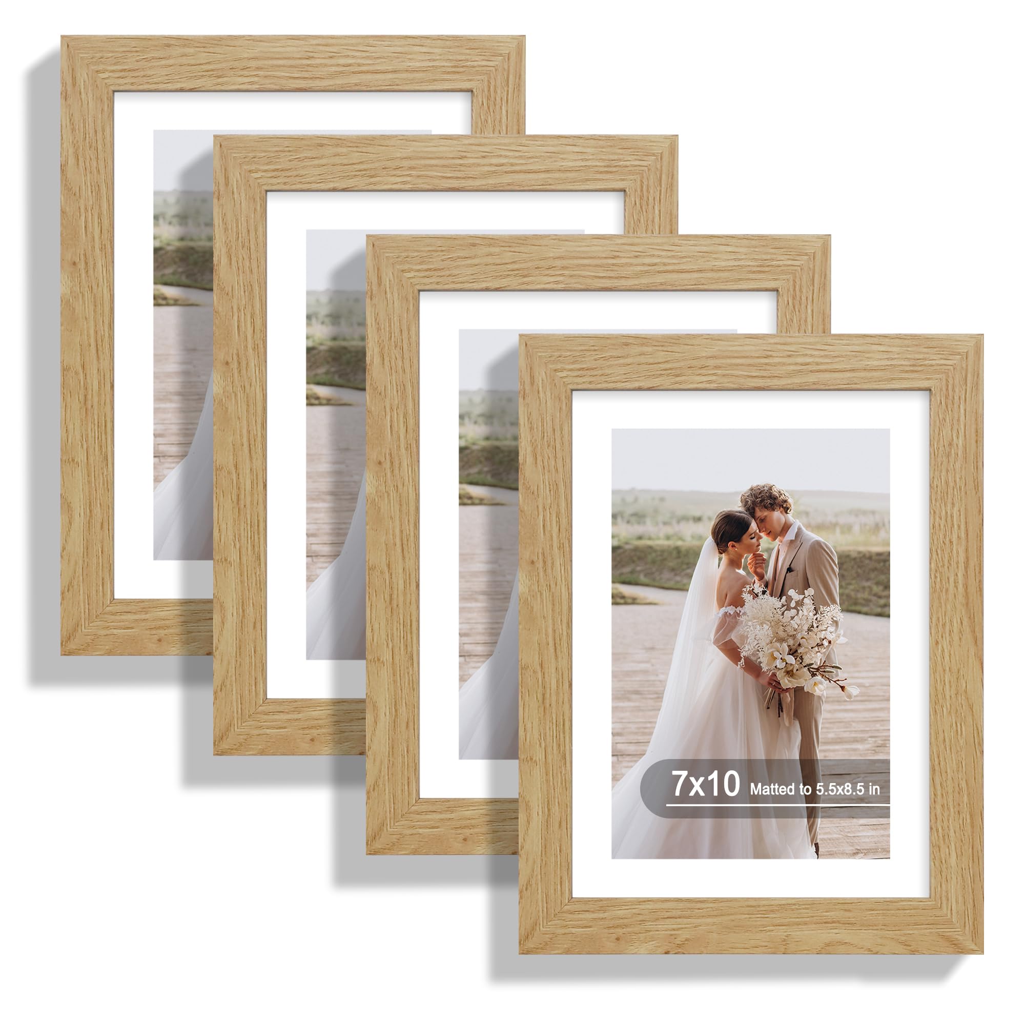 Hongkee 7x10 Picture Frame Set of 4, Made of Real Glass and Natural Oak Frame - Display Picture 5.5x8.5 with Mat or 7x10 Without
