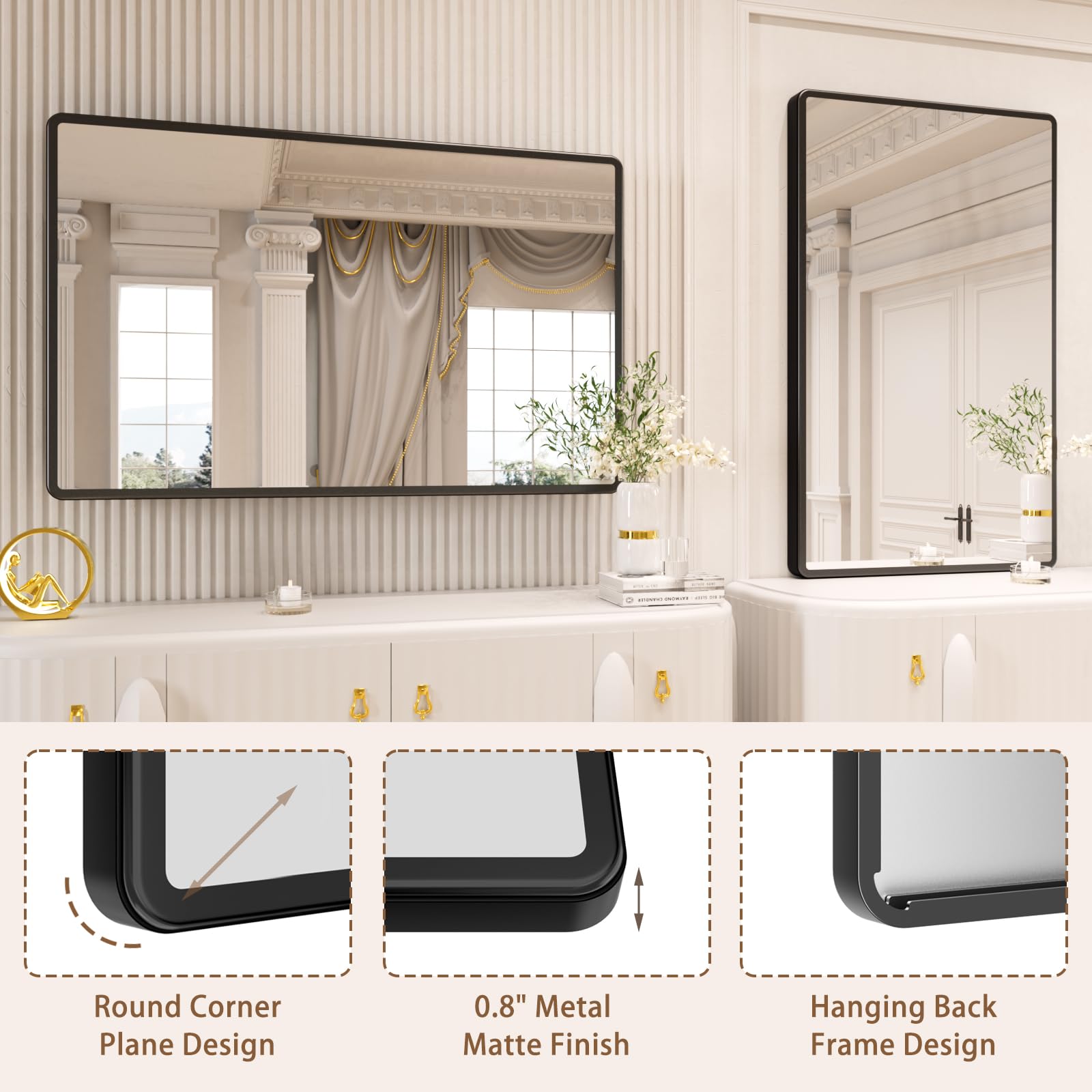 Pertetey New Upgrade 48X30 Inch Wall Mounted Bathroom Mirror, Black Metal Frame Rounded Rectangle Mirror, Bathroom Vanity Mirror