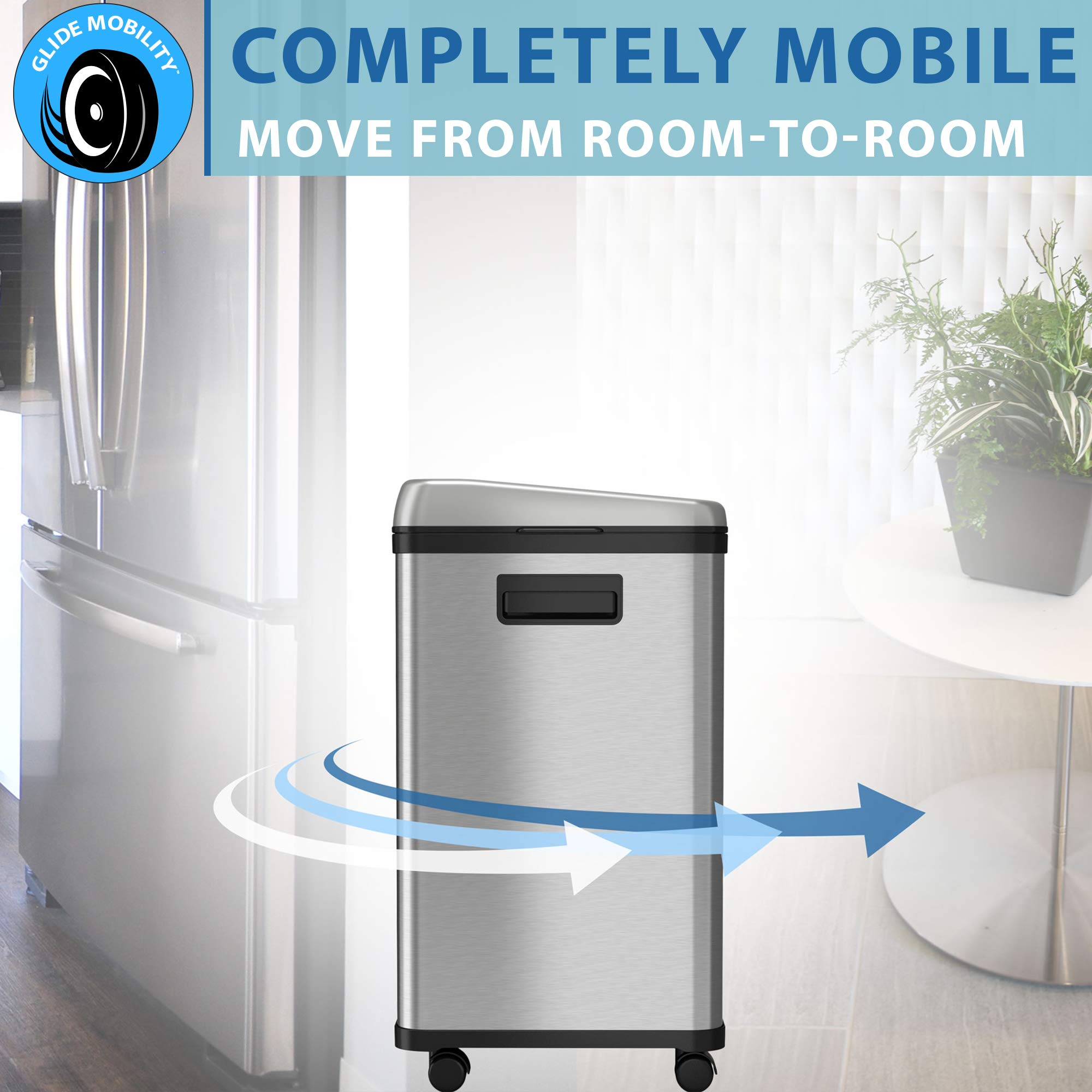 Itouchless 16 Gallon Touchless Trash Can Bin With Wheels, Stainless Steel, Compartment (8 Gal Each), Kitchen Recycling And Garba