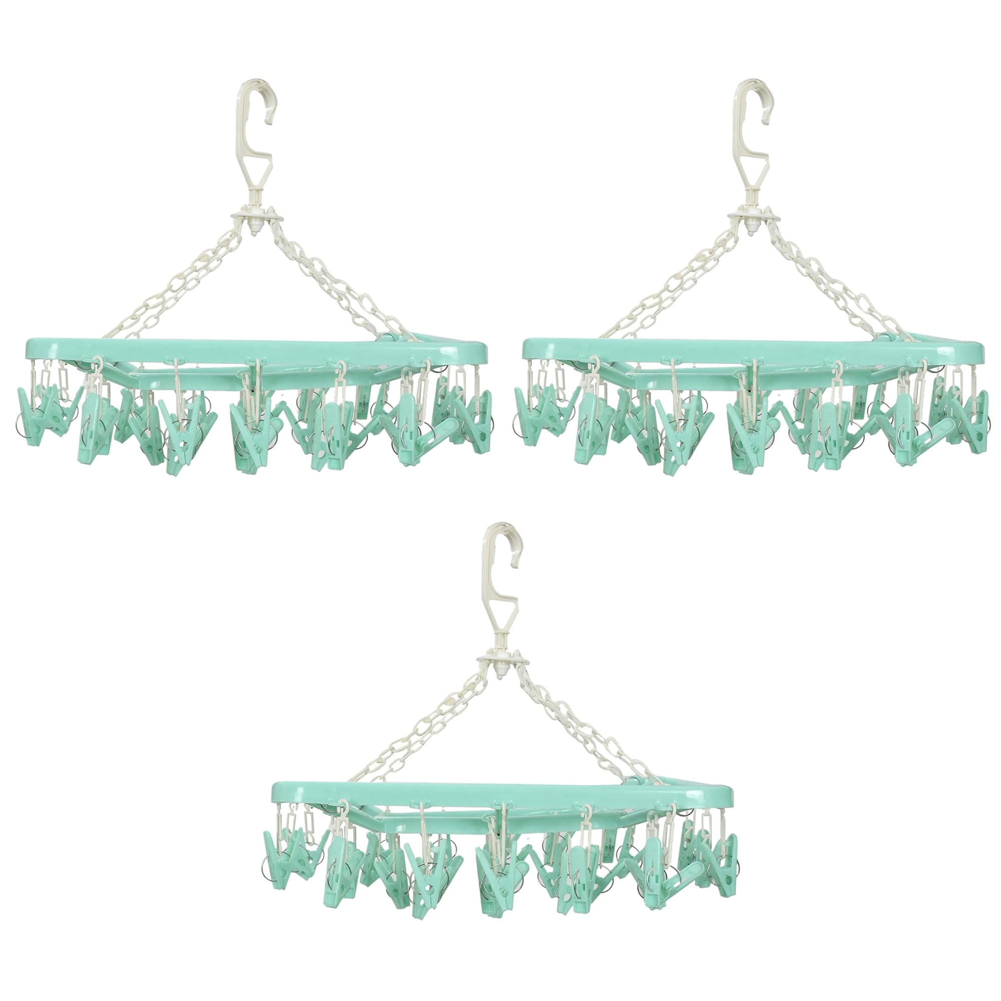 Kuber Industries (Pack Of 3) Cloth Drying Hanger | 32 Clips Baby Drying Pegs | 360 Degree Rotatable Hanger | Clip Stand For Clot