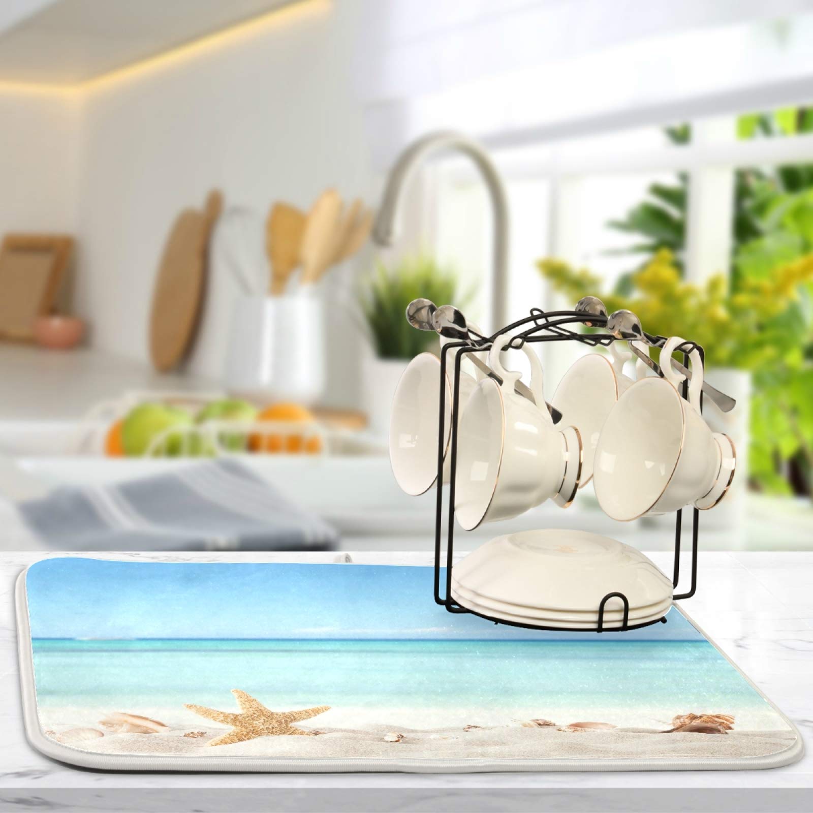 Summer Starfish Sandy Dish Drying Mat Seaside Coast Dry Pad Bottle Dryer Rack Kitchen Decor Absorbent Easy Clean Drainer Mats Fo
