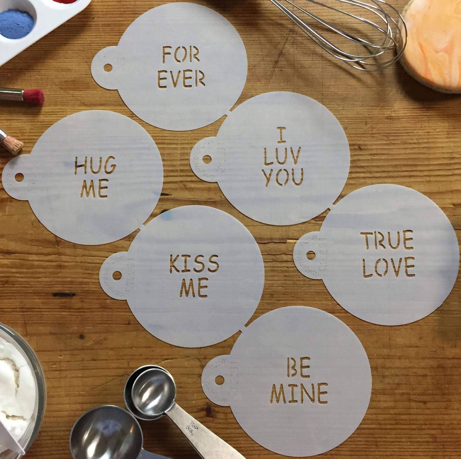 Designer Stencils Large Candy Heart Sayings Cookie Stencils, Beige/Semi-Transparent, Fits 3 Inch Circle