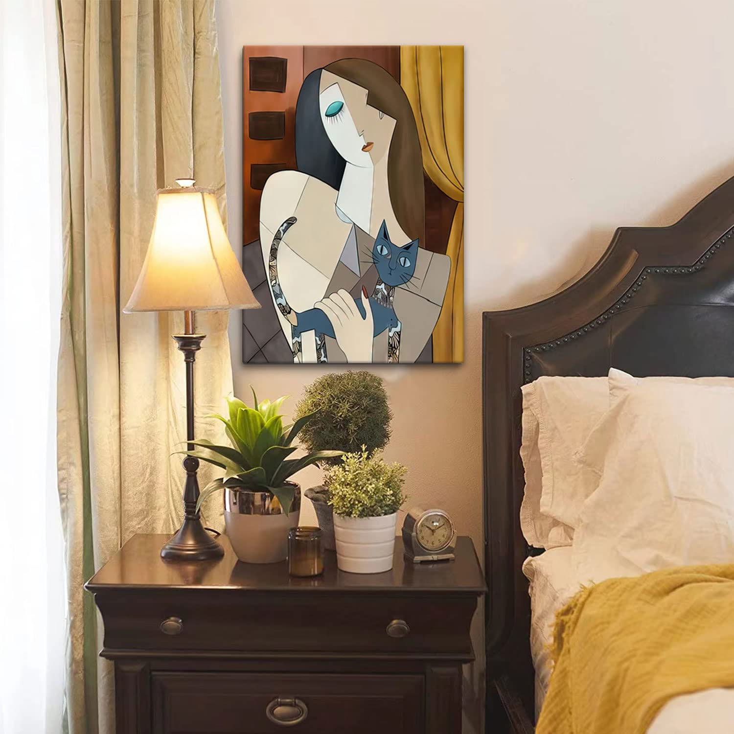 Framed Picasso Wall Art Nordic Abstract Girl and Cat Canvas Wall Art Bohemian Canvas Prints The Dream Girl with Cat Picture Modern Wall Decor for Hotel Rooms Bedroom Poster 12''* 16''