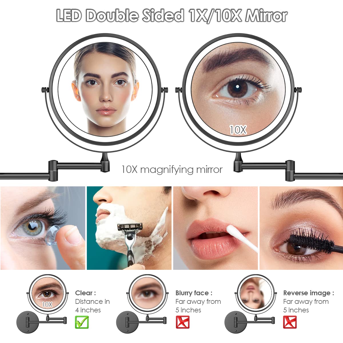Rocollos Rechargeable Wall Mounted Lighted Makeup Mirror  8 Inch Double-Sided LED Vanity Mirror 1X/10X Magnification 3 Color Lights Touch Screen Dimmable 360Swivel 13 Inch Extendable