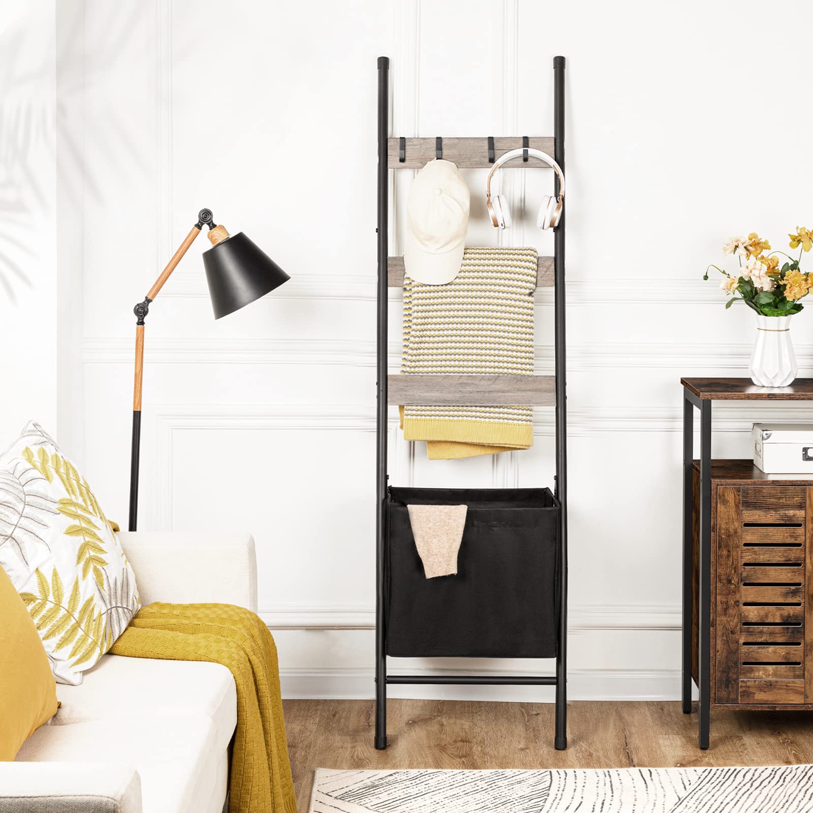 HOOBRO Blanket Ladder with Basket  17.3 L x 63.4 H  Towel Rack with Hooks  Blanket Holder Rack  Decorative Ladder Shelf  Drying and Display Rack for Bathroom  Living Room  Greige BG31CJ01