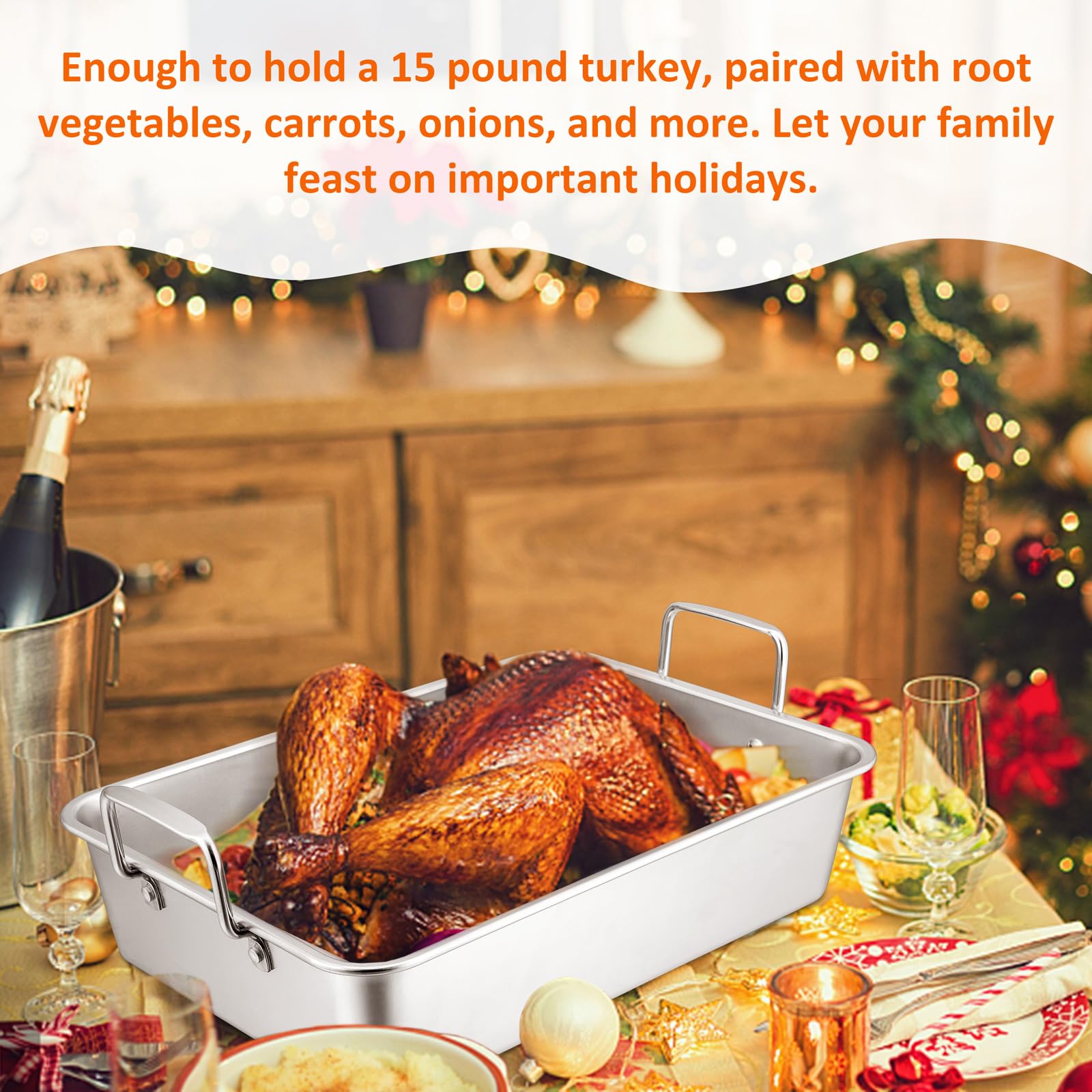 Leonyo Roasting Pan With Rack, 14 Inch Turkey Roasting Pan & Cooling Rack, Stainless Steel Baking Pans Non Stick Roaster Pan Wit