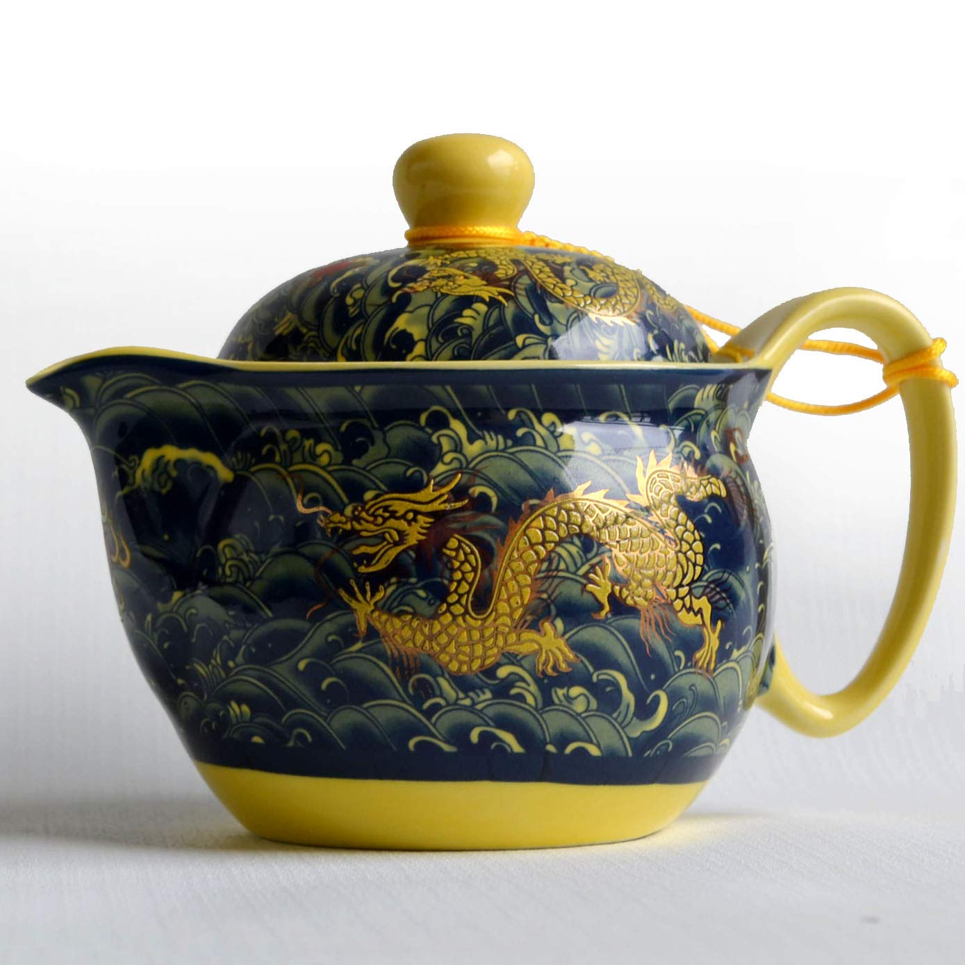Porcelain Teapot 12Oz Chinese Dargon Waves Pattern Stainless Mash Infuser For Loose Tea (Deep Waves Dargon)