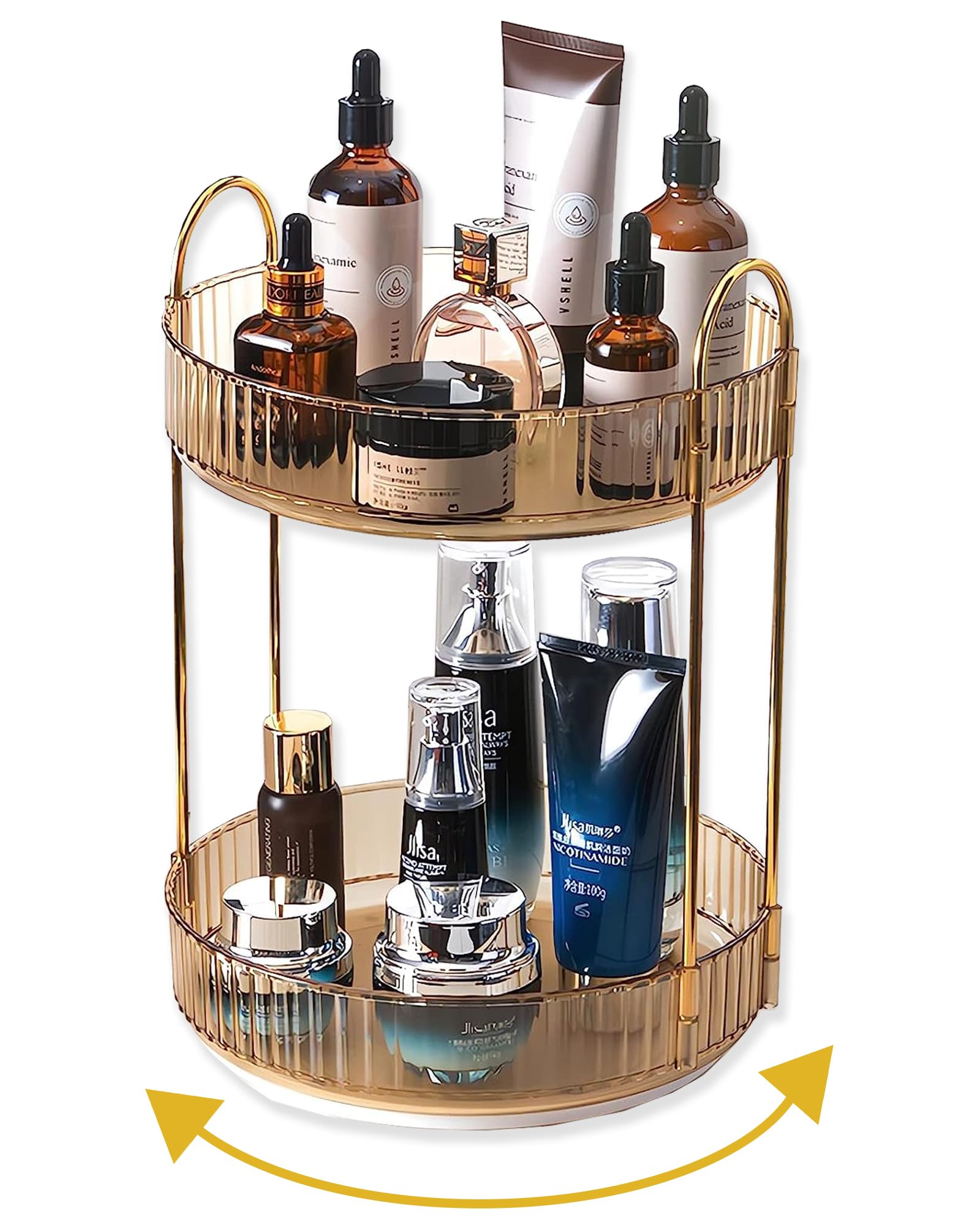 Asayuee 360 Rotating Gold Makeup Organizer,2 Tier Large Capacity Rotating Makeup Organizer,Skincareperfume Organizer,Bathroom Co