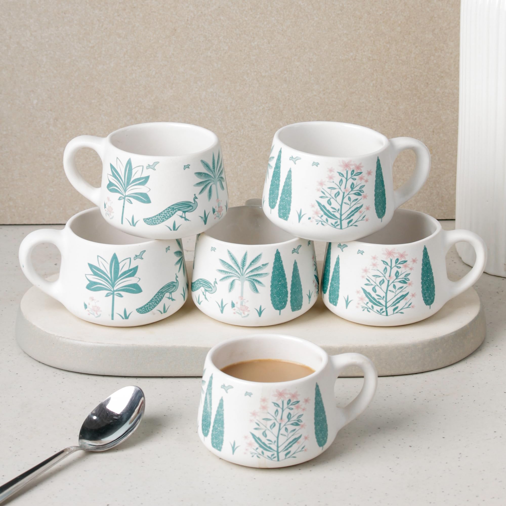 The Earth Store Green Peafowl Ceramic Cup Set Of 6 For Tea, 150 Ml Each, Microwave And Dishwasher Safe Coffee Cups | Cup Set Tea
