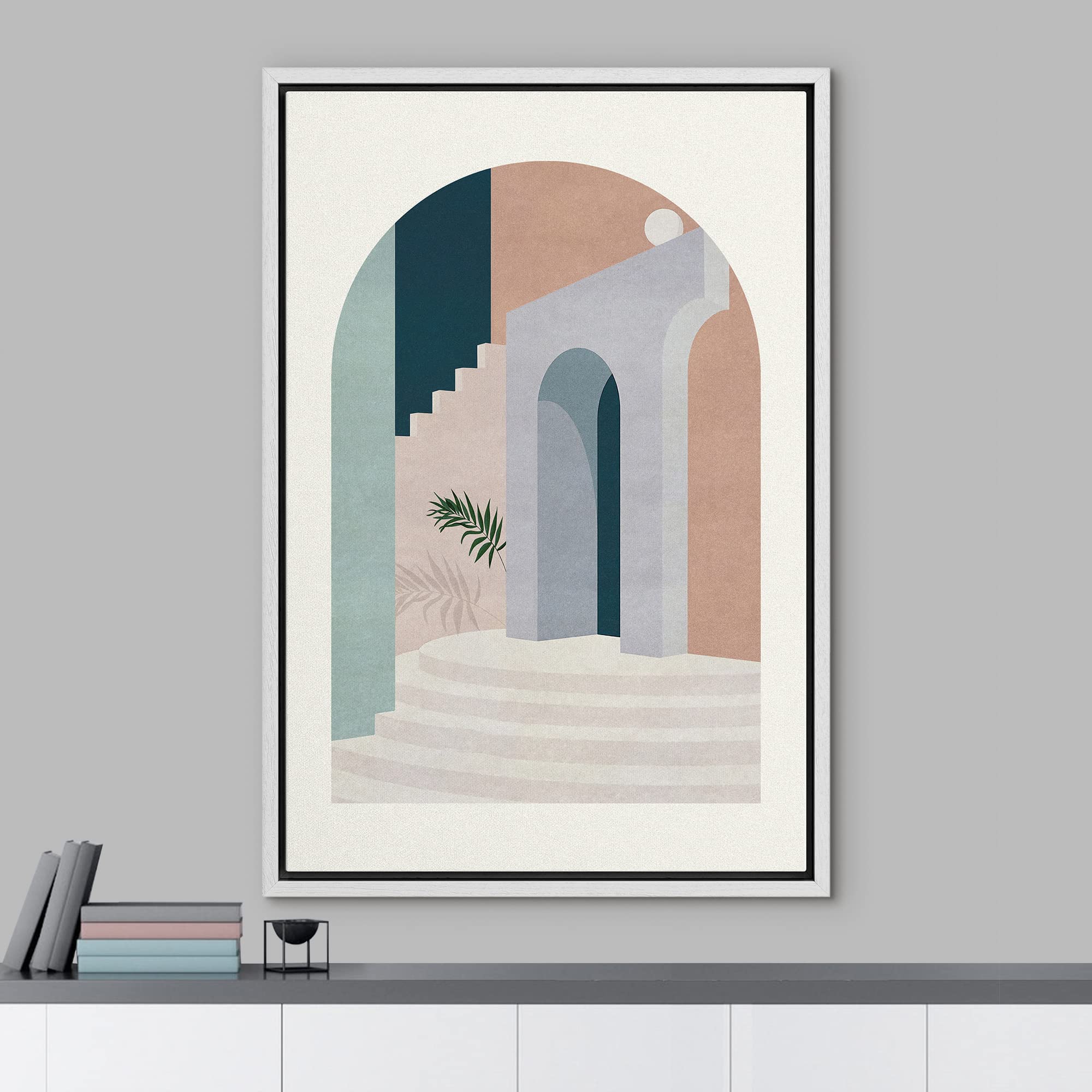 NWT Framed Canvas Print Wall Art Morandi Colour Illustrations Arch View Terrace Exterior & Palm Leaf Geometric Shapes Illustrations Mid-Century Modern for Living Room  Bedroom  Office - 24''x36'' White