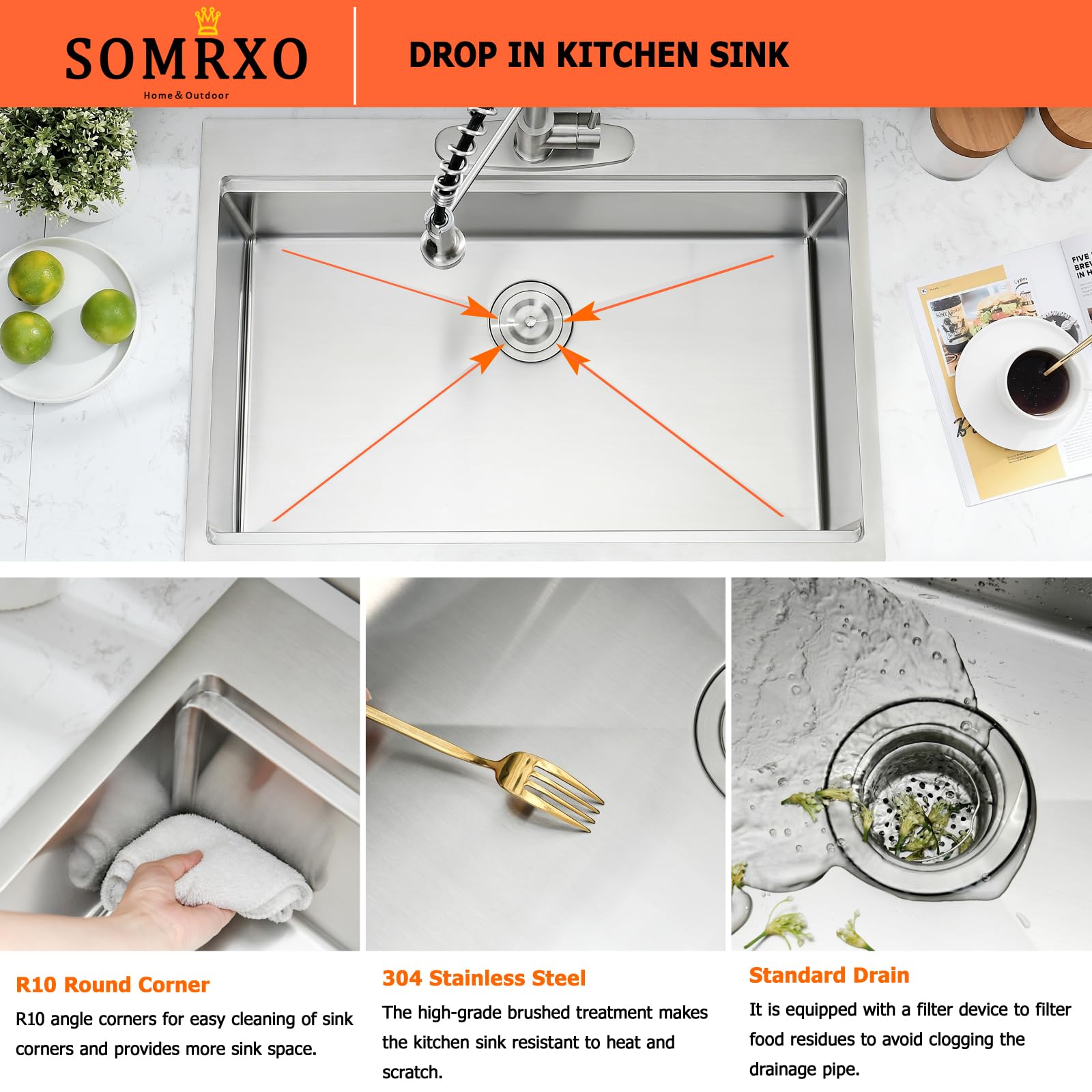 33 Inch Drop In Kitchen Sink Workstation-Somrox 33    22 Kitchen Sink Drop In Workstation Sink 16 Gauge Stainless Steel Kitchen