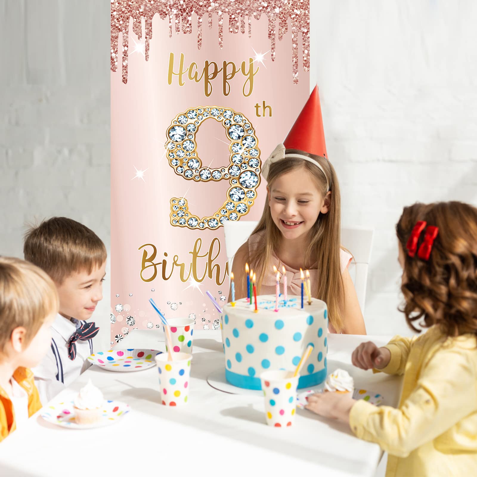 9Th Birthday Door Banner Decorations For Girls, Pink Rose Gold Happy 9Th Birthday Sign Door Cover Backdrop Party Decor, Large Ni