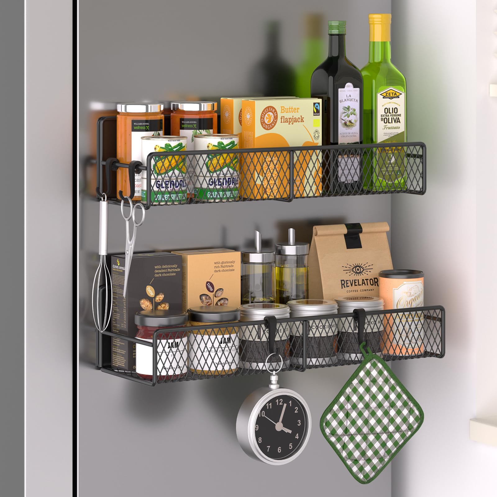 Magnetic Spice Rack for Refrigerator, 2 Pack 100% Metal Strong Magnet Shelf Black, Moveable Spice Organizer with Hooks, Magnetic
