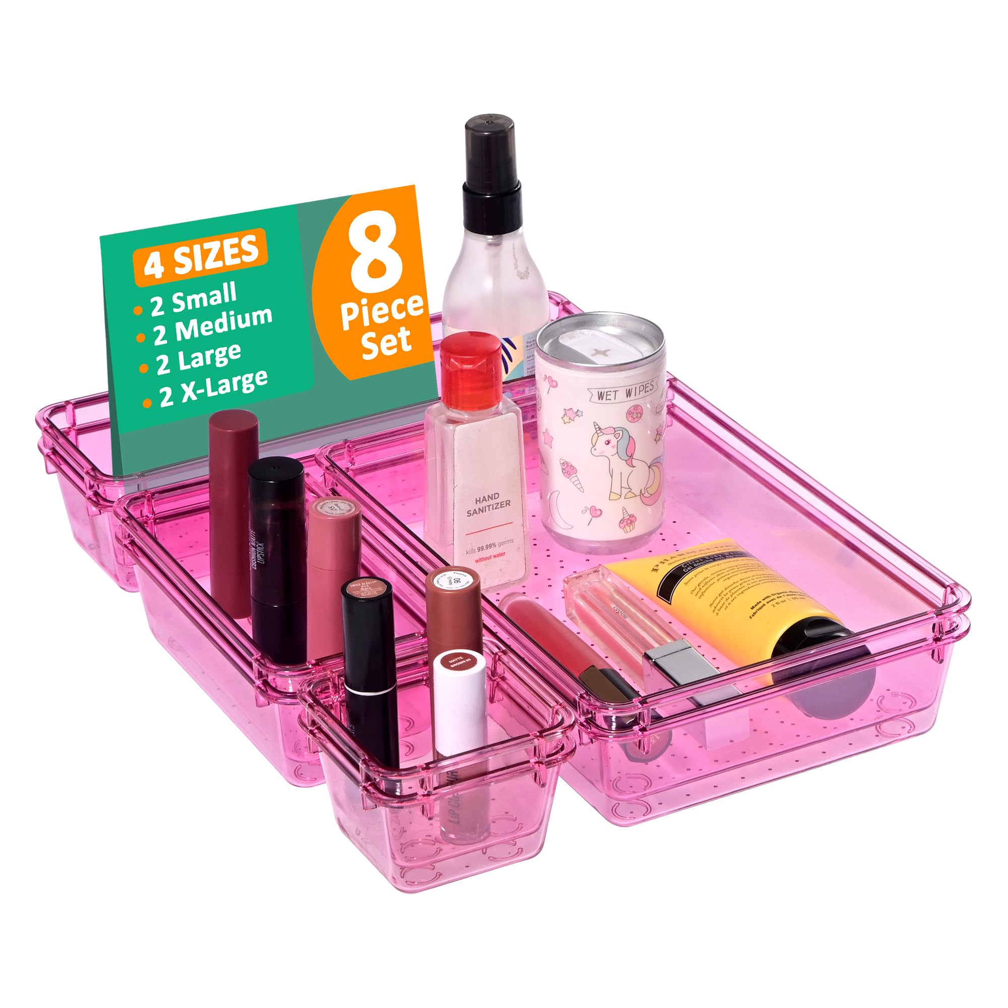 Kuber Industries 8 Pcs Acrylic Transparent Cosmetic Organizer Tray | Drawers Organisers For Kitchen, Office And Bathroom Vanity 