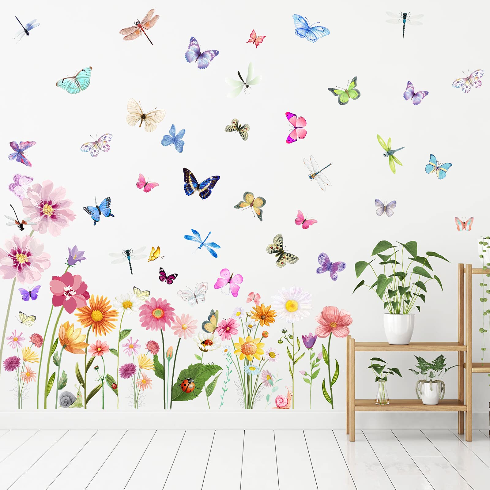 Flowers Butterflies Wall Decals Chrysanthemums Dragonflies Rose Botanical Wall Stickers Fairy Decals Pvc Removable Wall Art Deca