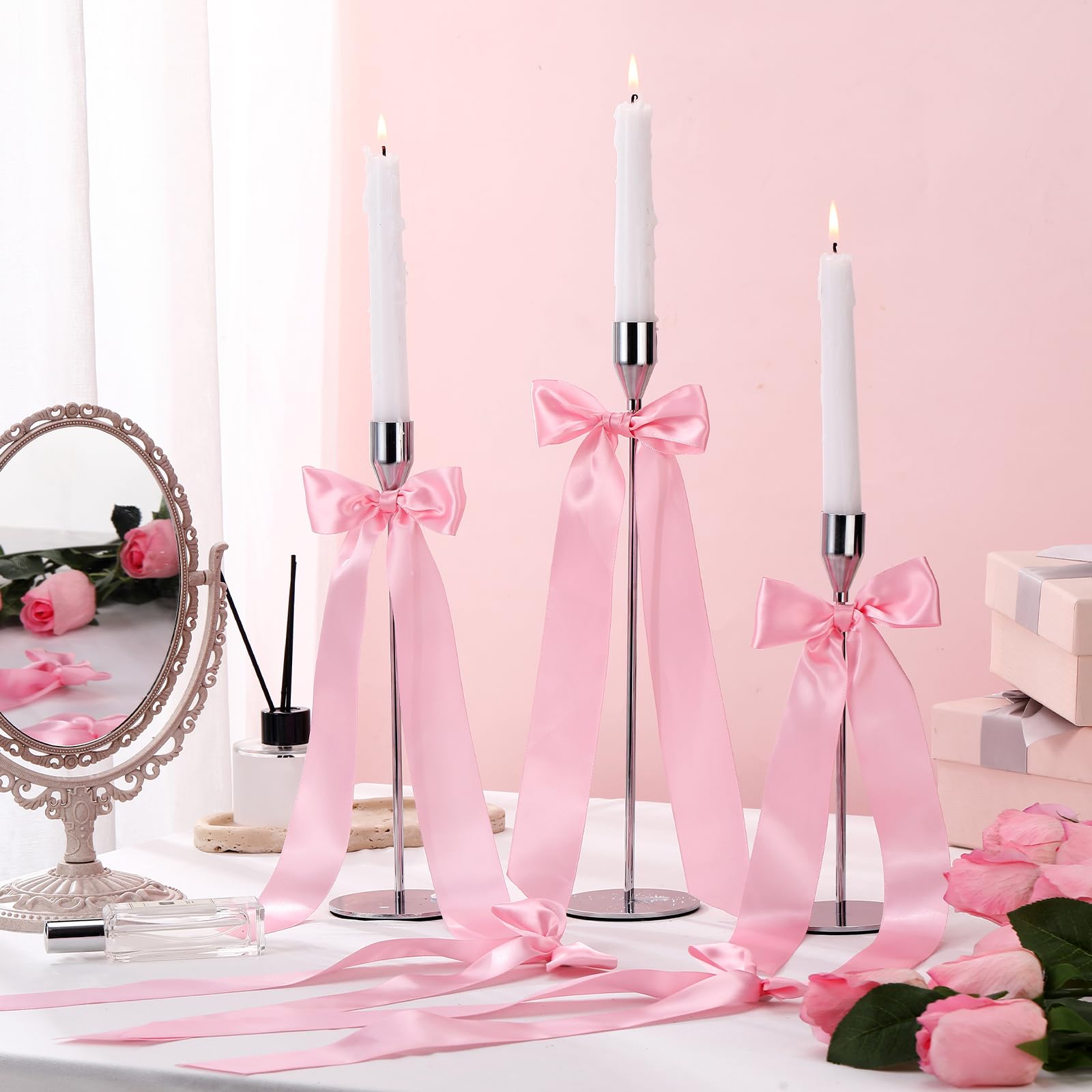 Teenyyou 12 Pcs Pink Christmas Candlestick Bows Decor 13 Inch Large Coquette Decorations Bows for Table Self Adhesive Candle Hol