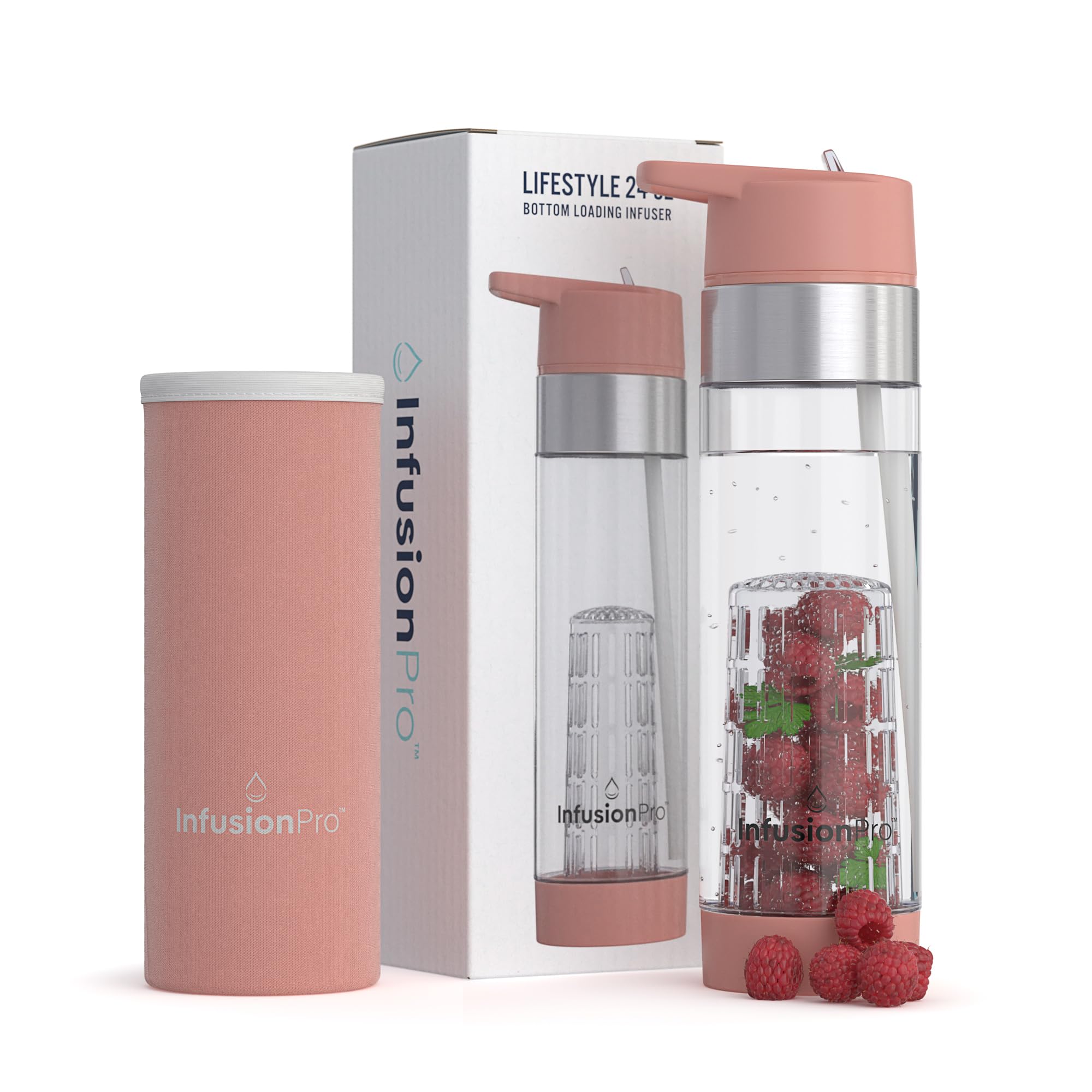 Infusion Pro Fruit Infuser Water Bottle with Straw Lid 24 oz : Flip-Up Straw : Insulated Sleeve & Fruit Infusion Water eBook : Bottom Loading Infuser for More Flavor - Kauai Sunset